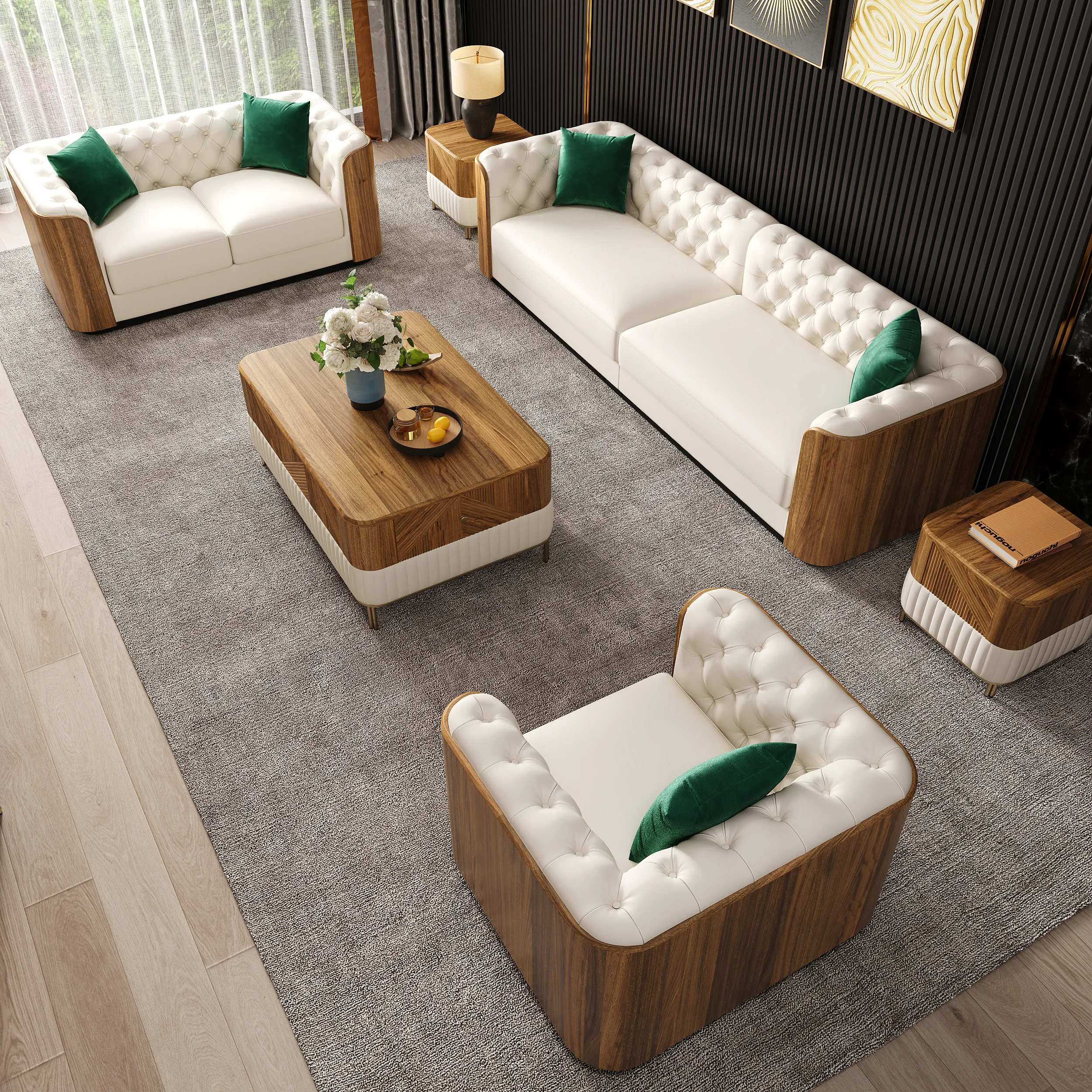 Wovent 3-Piece Sofa Set with Accent Pillows - Beige, Faux Leather product