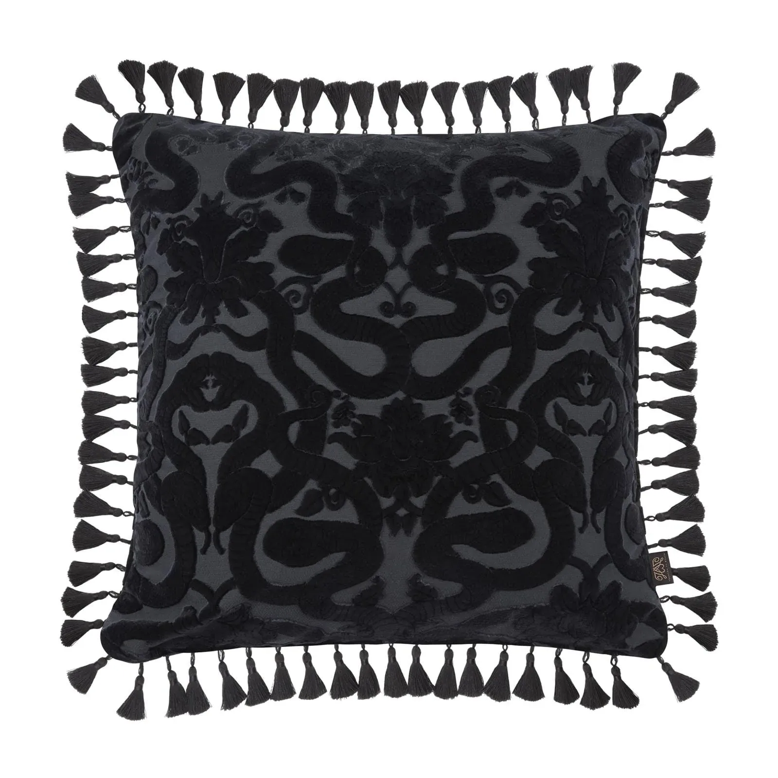 ANACONDA Large Cut-Velvet Cushion with Tassels - Black