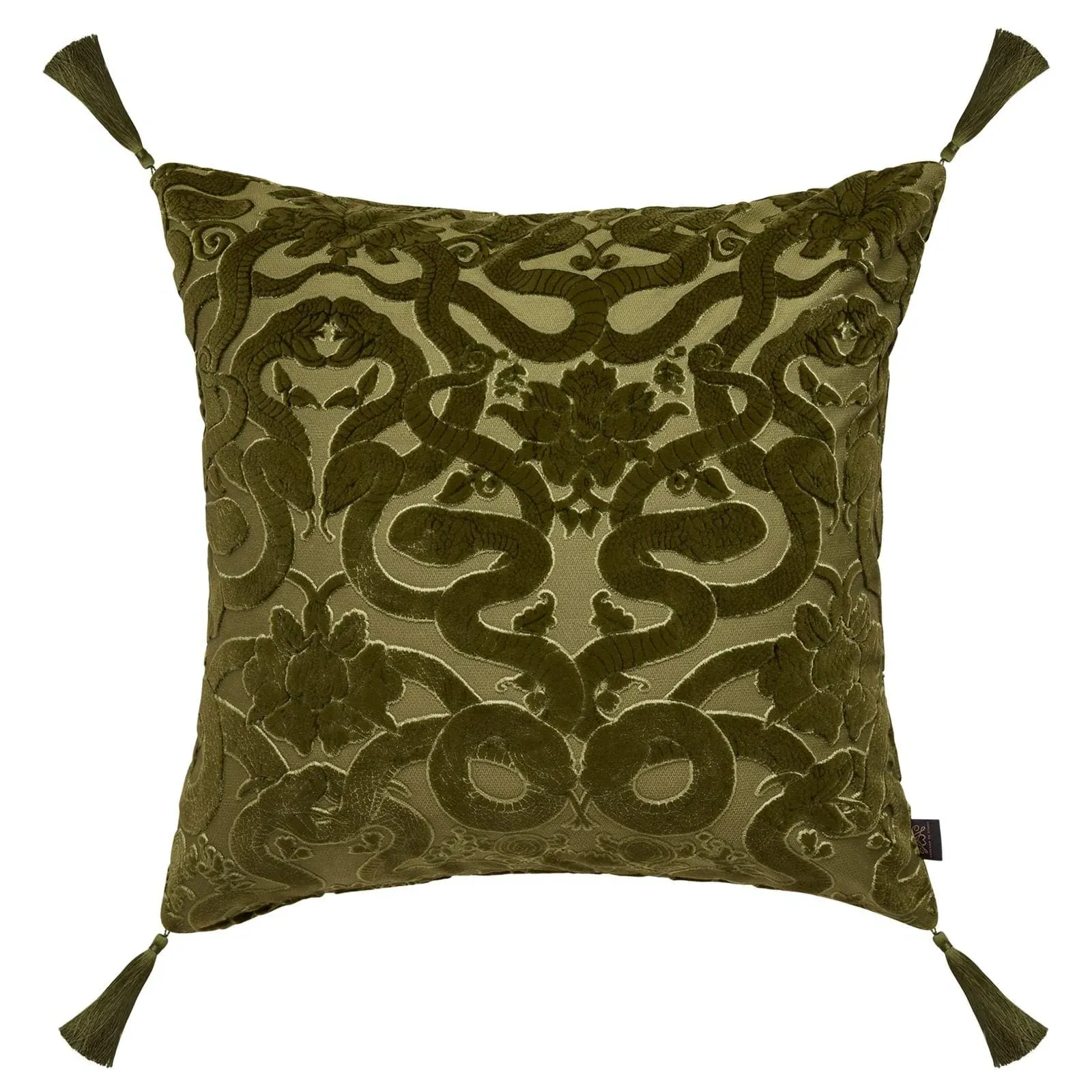 ANACONDA Large Cut-Velvet Cushion with Tassels - Green