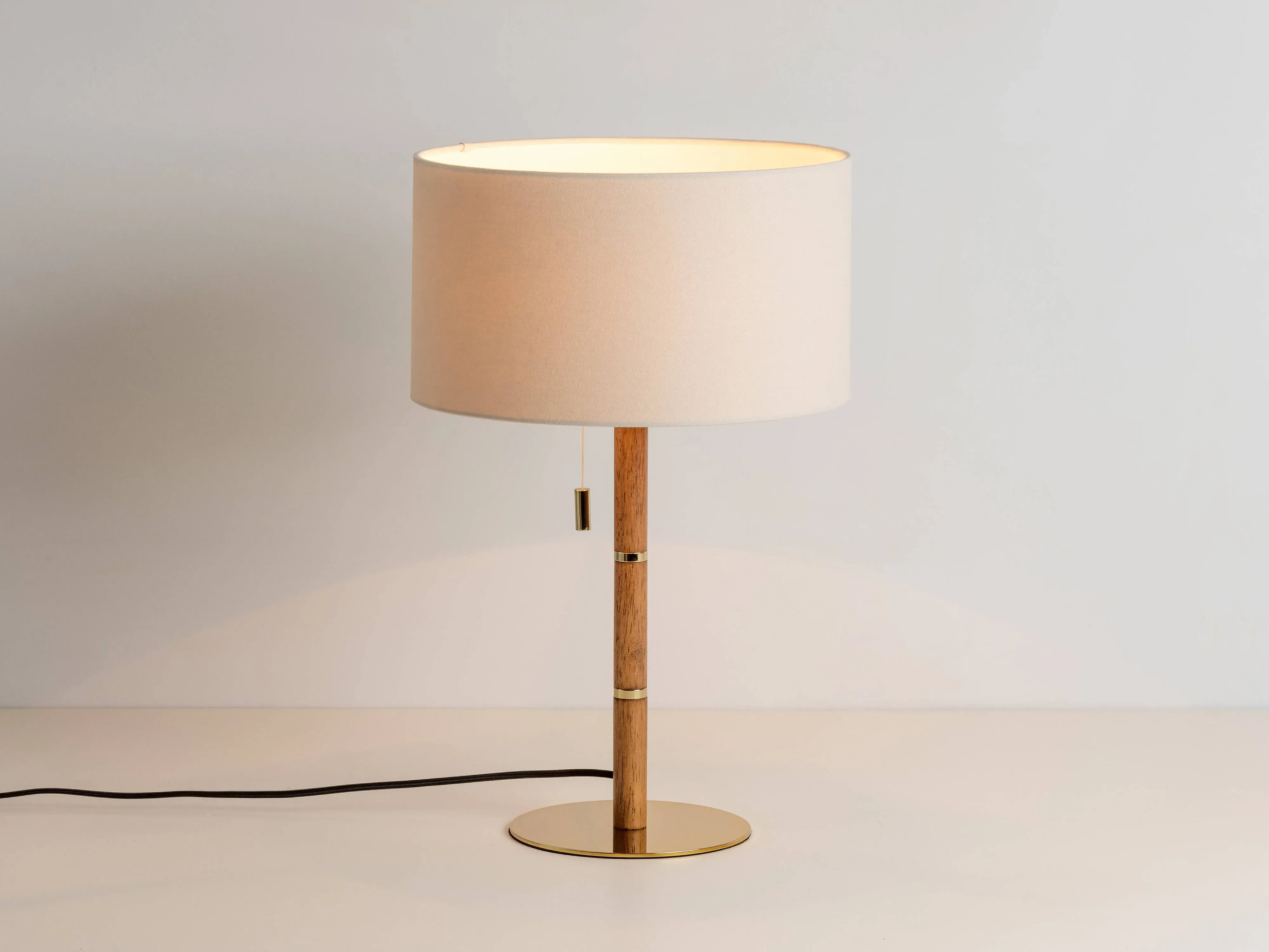 Brass Disk Table Lamp with Pull Switch - Brass, Walnut image
