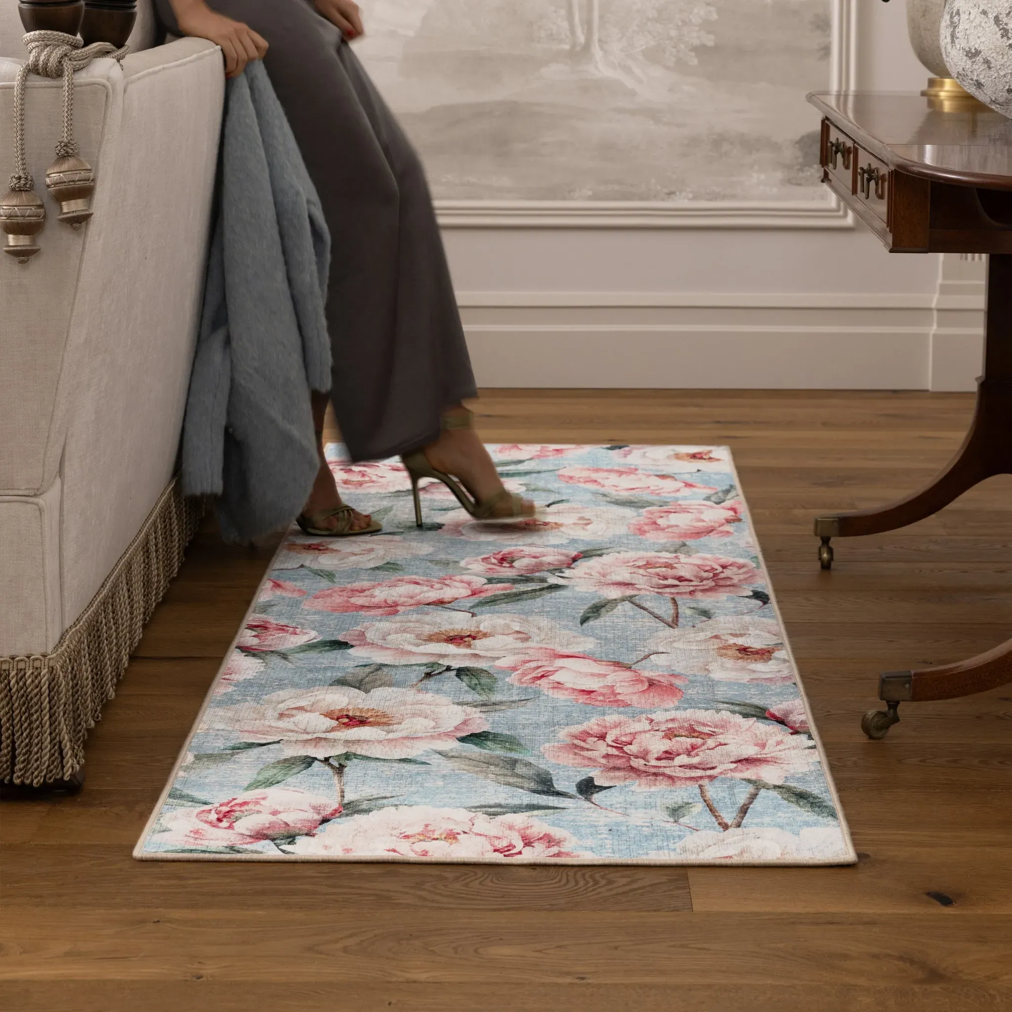 Blooming Peonies Eco-Washable Runner - Blue, Recycled Polyester product