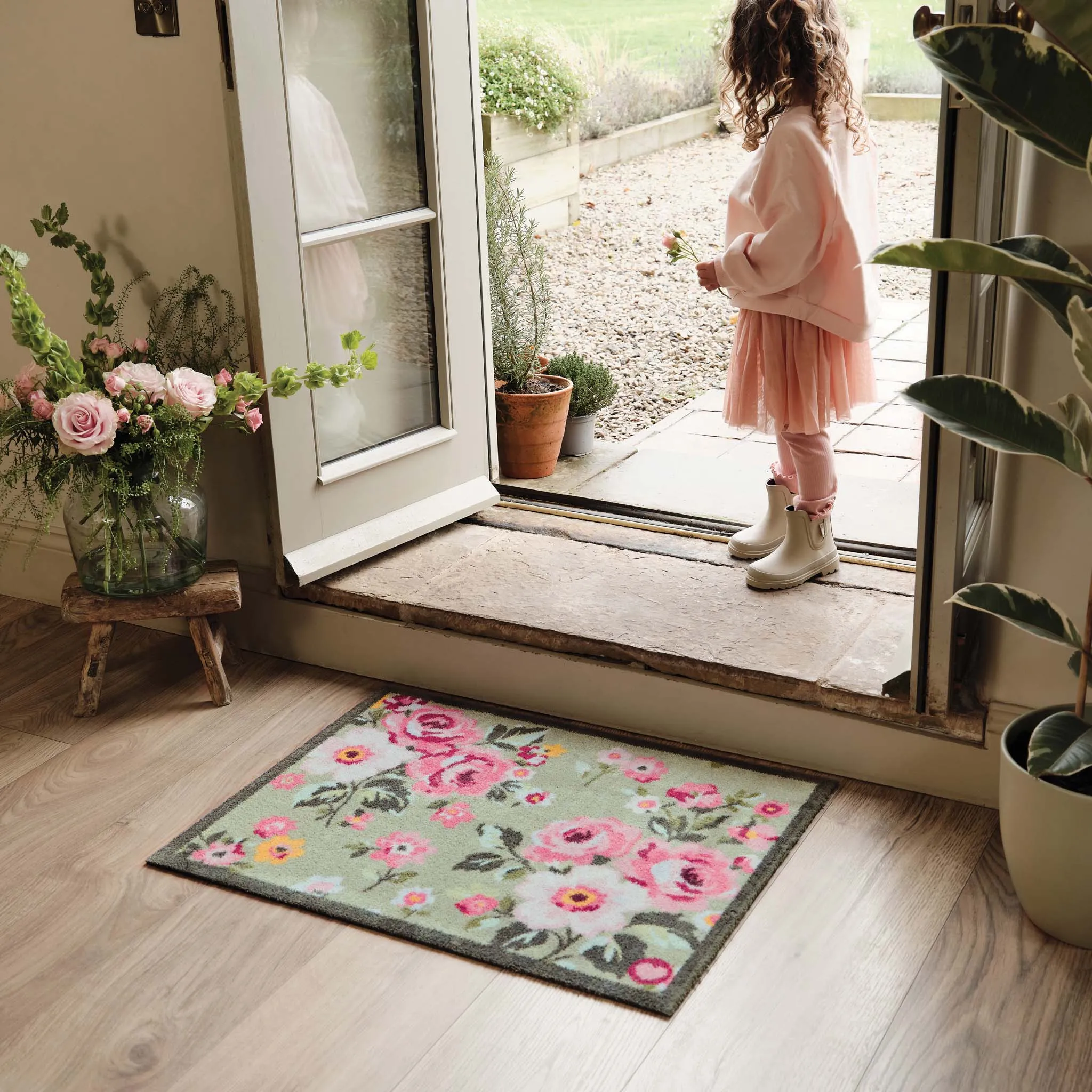 Country Rose Floral Washable Doormat - Green product
