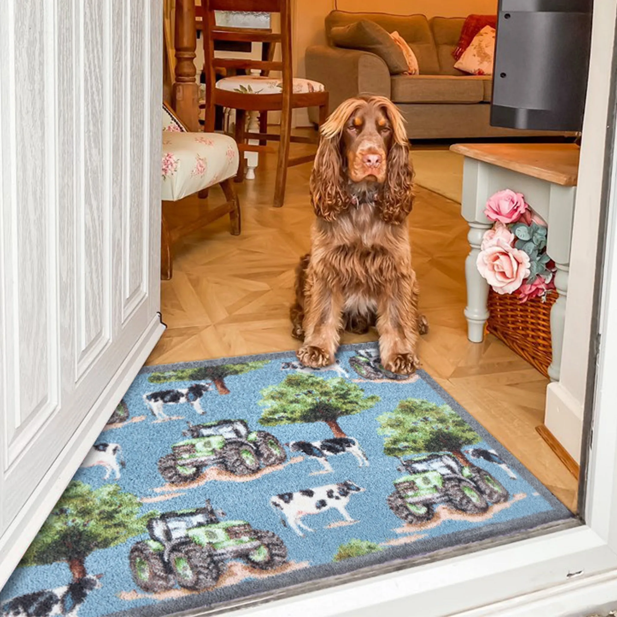 Farmyard Tractors & Cows Doormat - Blue product