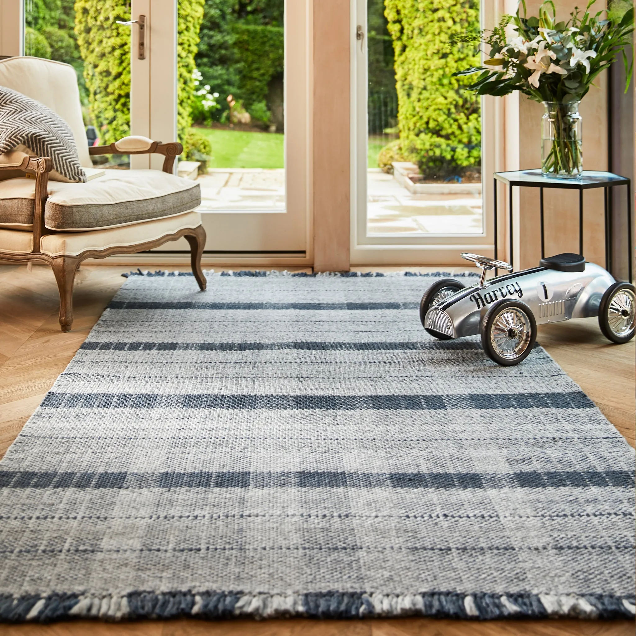Highland Check Rug - Navy, Recycled PET product