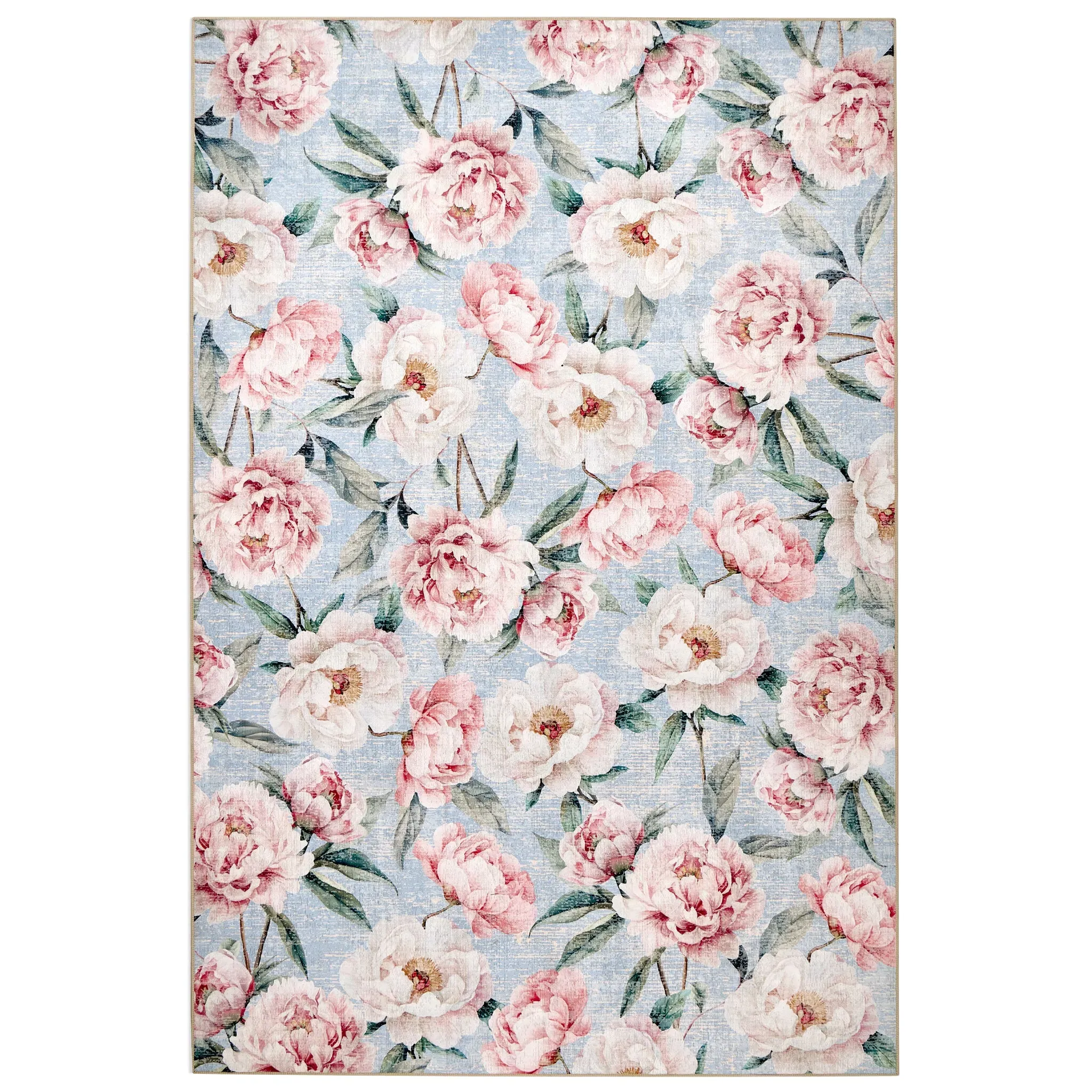 Blooming Peonies Washable Rug - Blue, Recycled Polyester