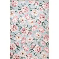 Blooming Peonies Washable Rug - Blue, Recycled Polyester