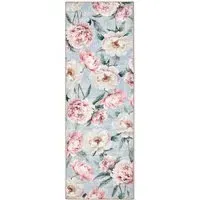 Blooming Peonies Washable Rug Runner - Blue, Recycled Polyester