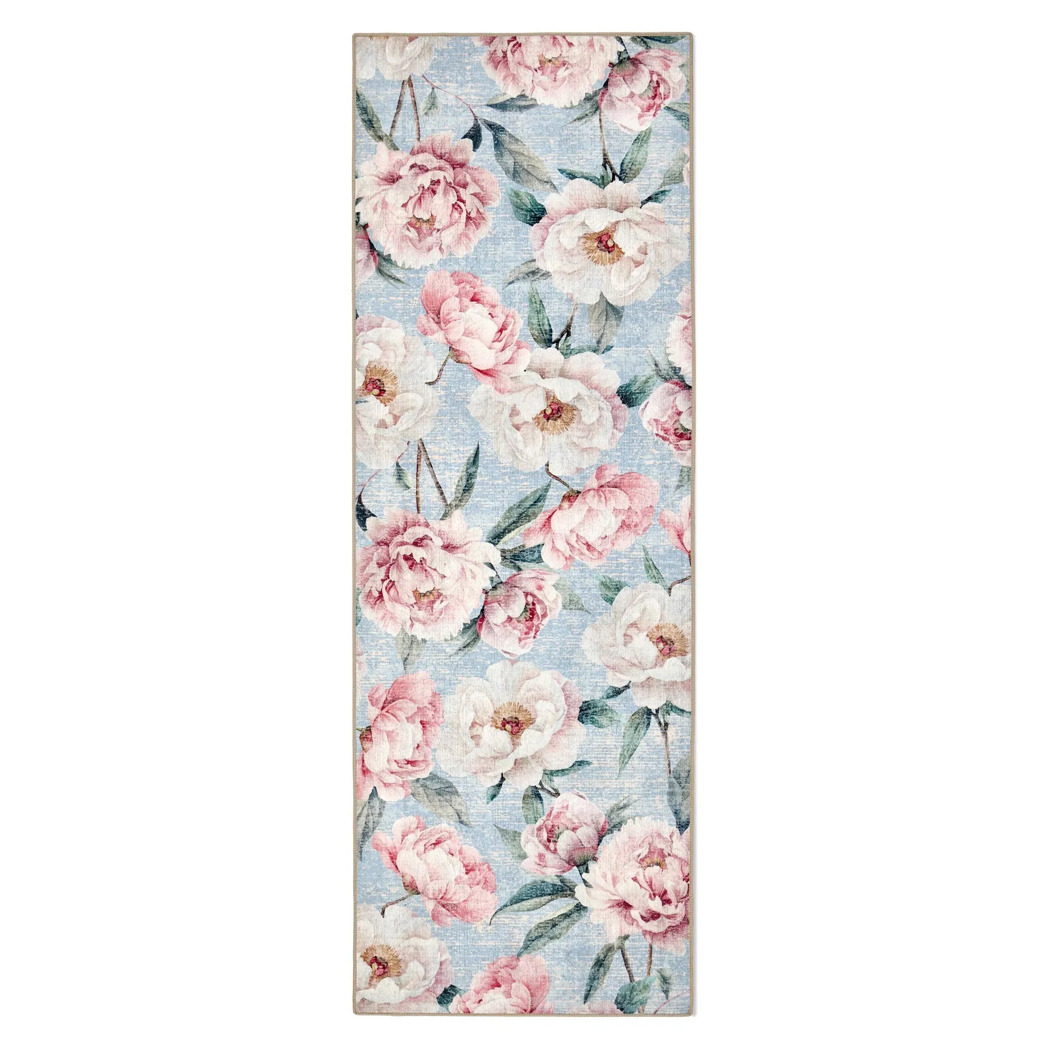 Blooming Peonies Washable Rug Runner - Blue, Recycled Polyester image