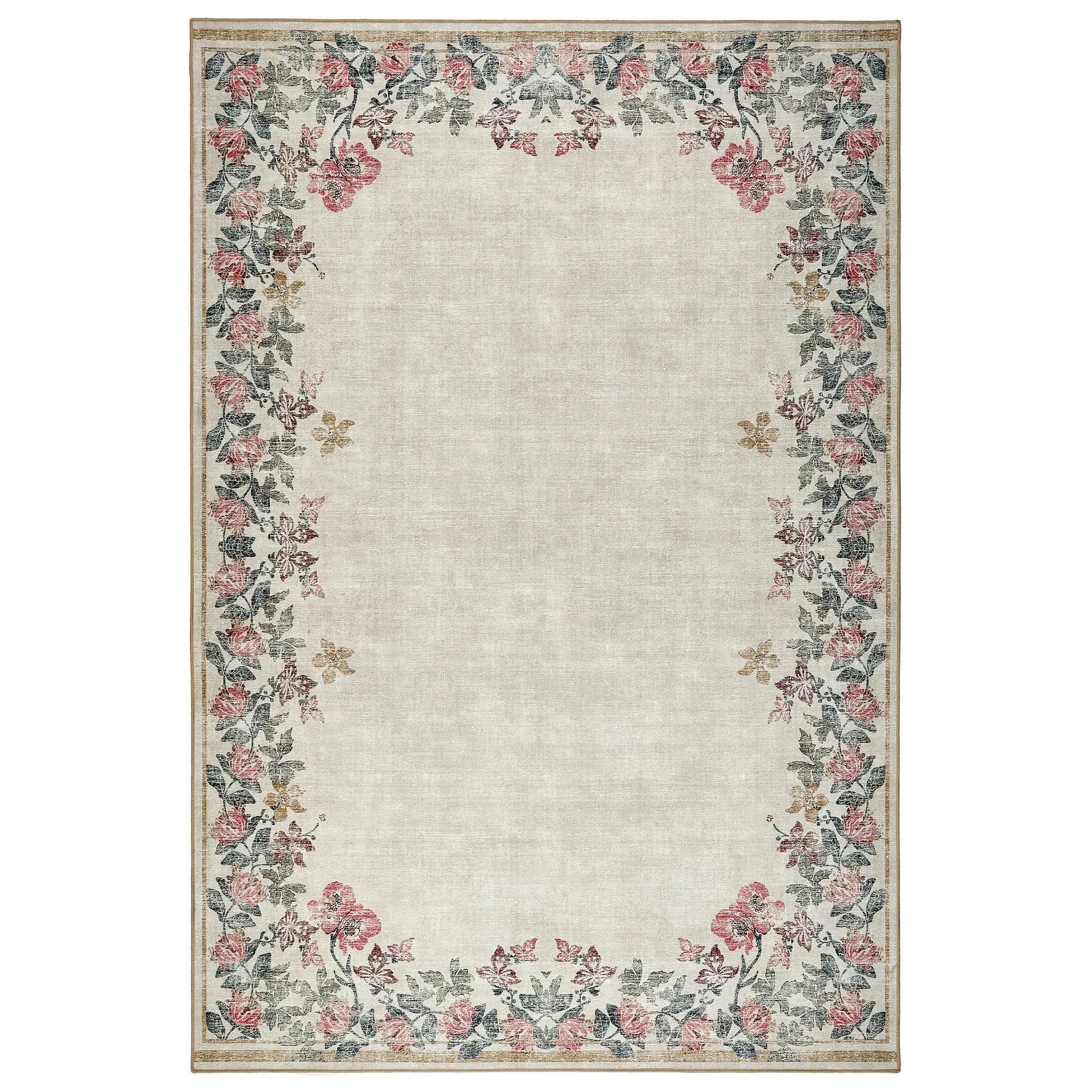Botanical Border Eco-Washable Rug - Cream, Recycled Polyester