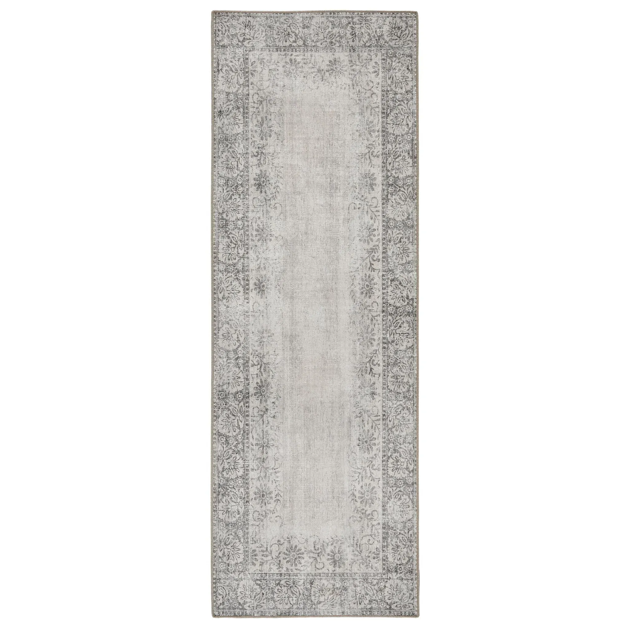 Brocade Border Washable Rug Runner - Grey, Recycled Polyester image