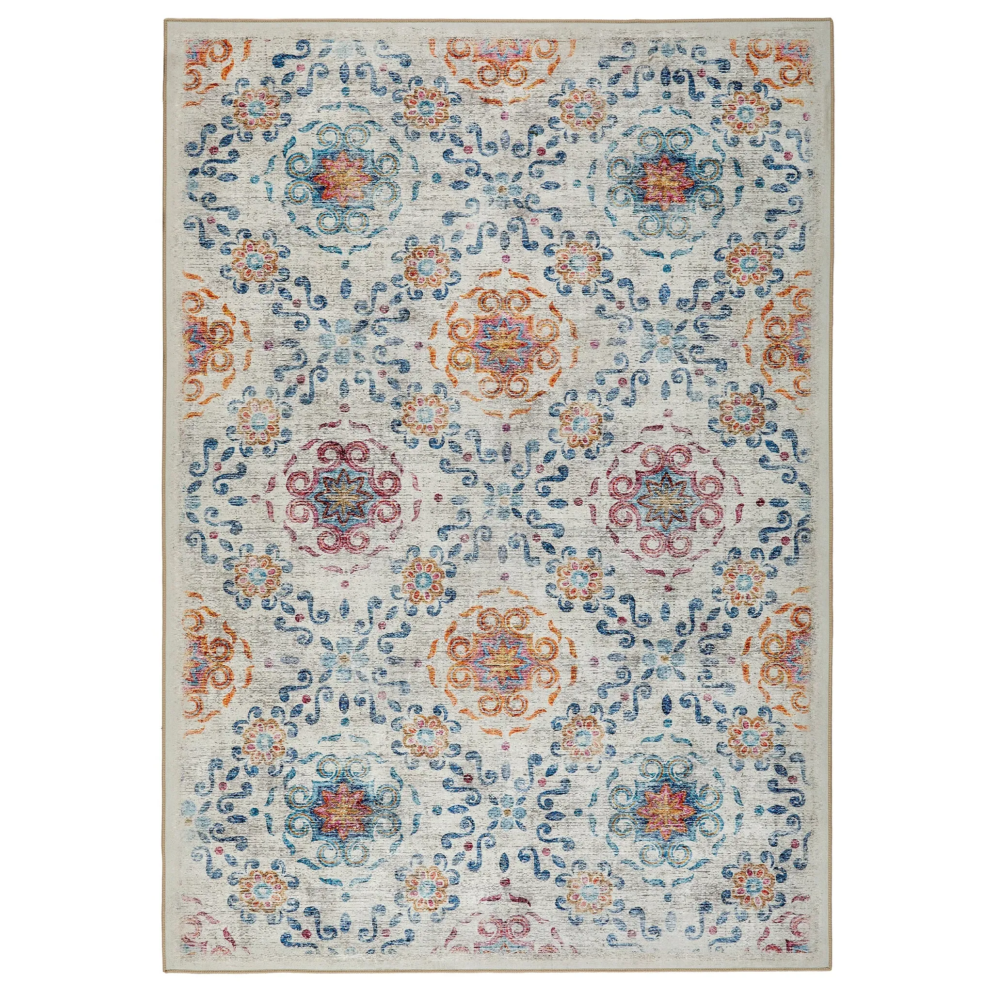 Damask Eco-Washable Rug - Cream, Recycled Polyester