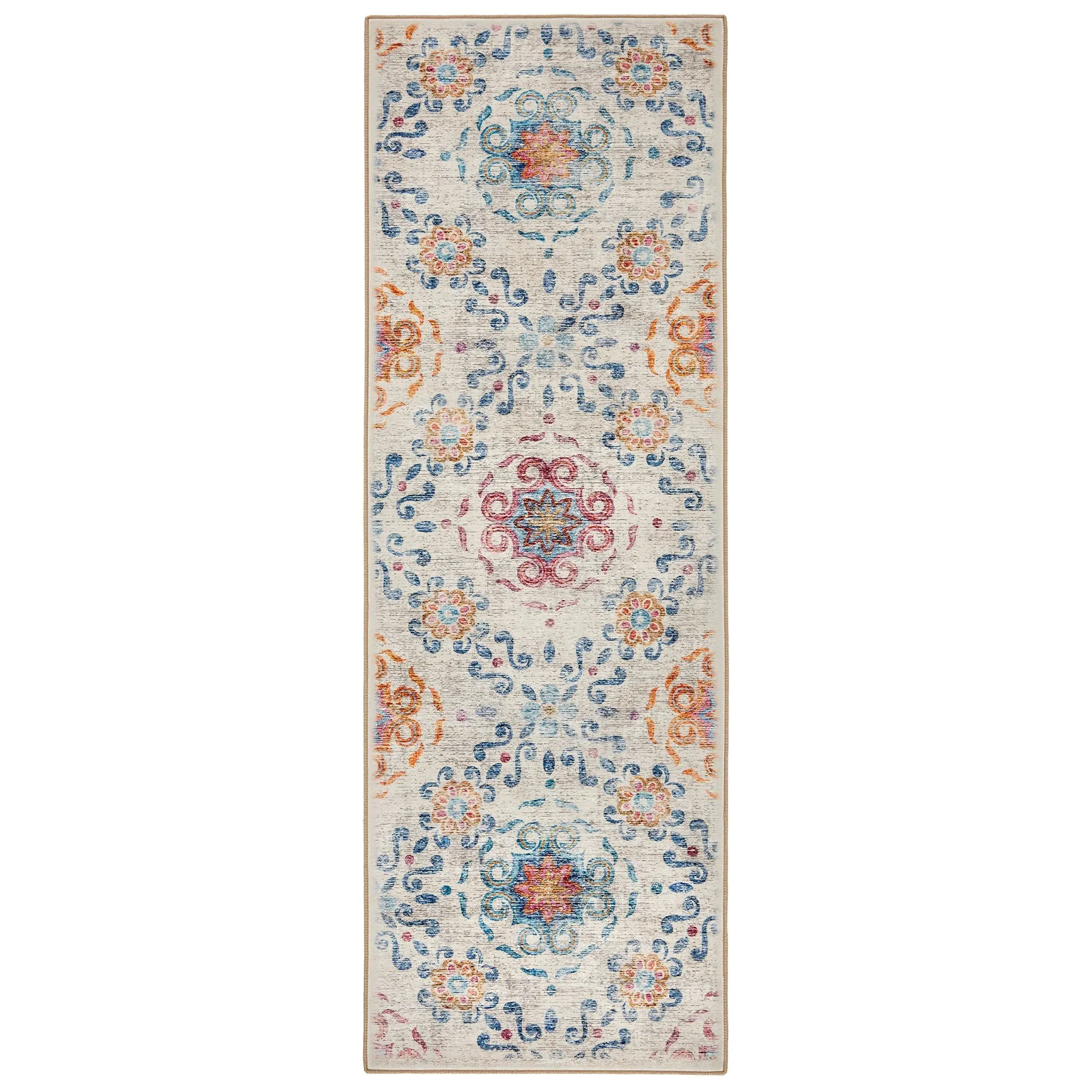 Damask Eco-Washable Rug Runner - Cream, Recycled Polyester image