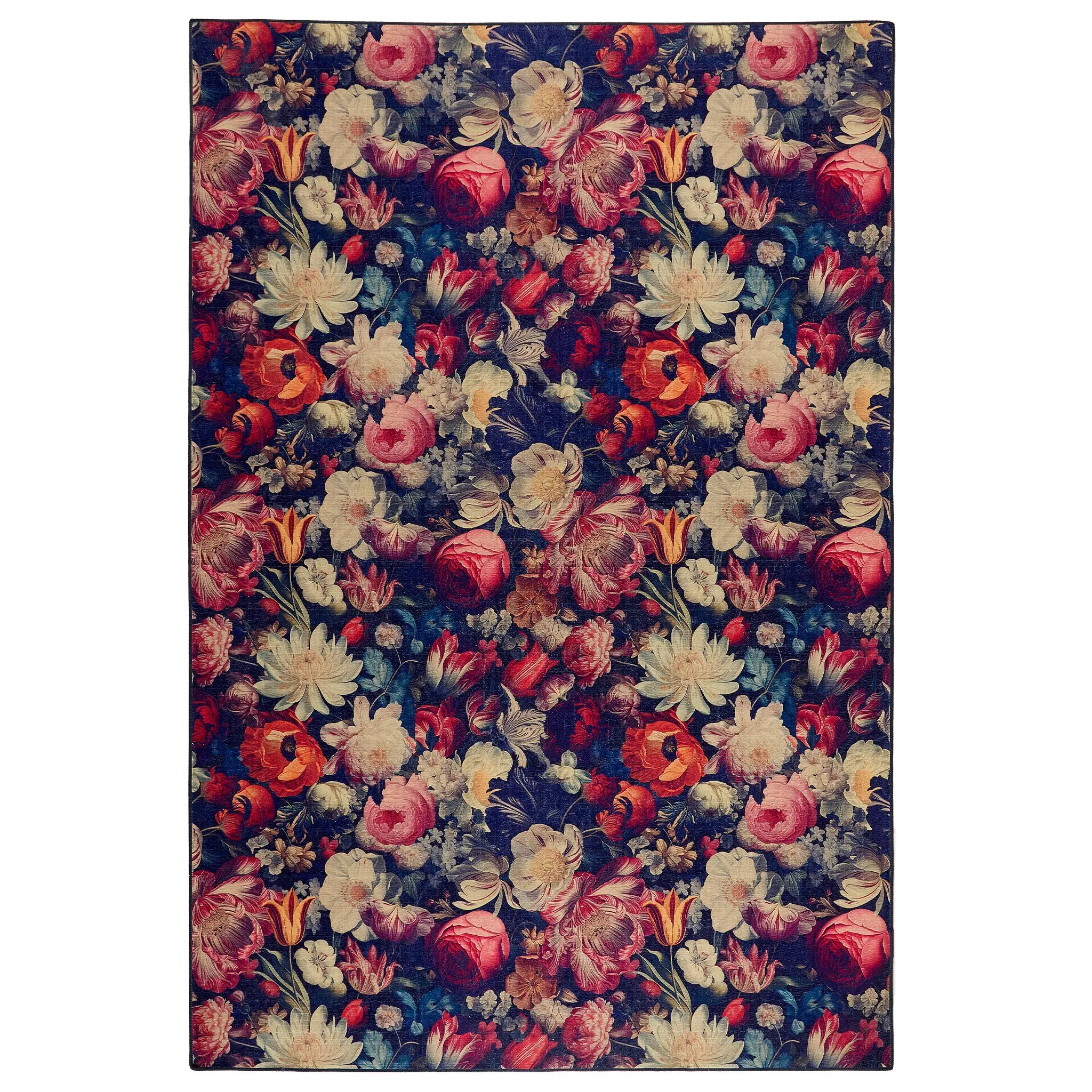 Dark Florals Washable Rug - Navy, Recycled Polyester
