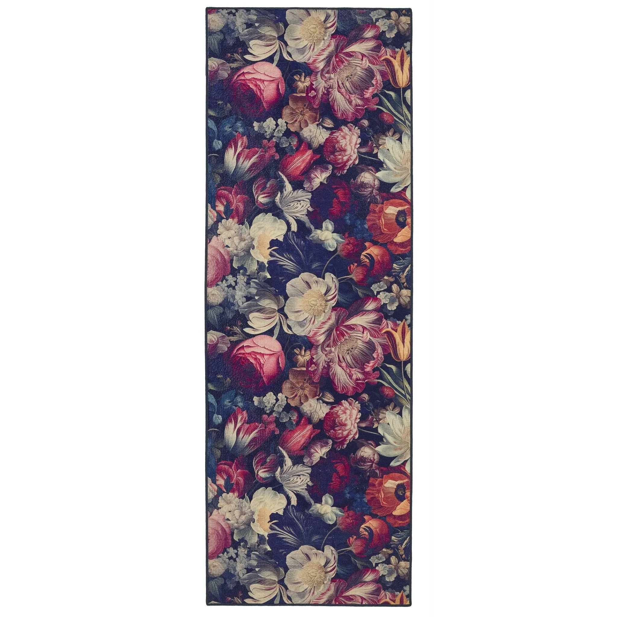 Dark Florals Washable Rug Runner - Navy, Recycled Polyester image