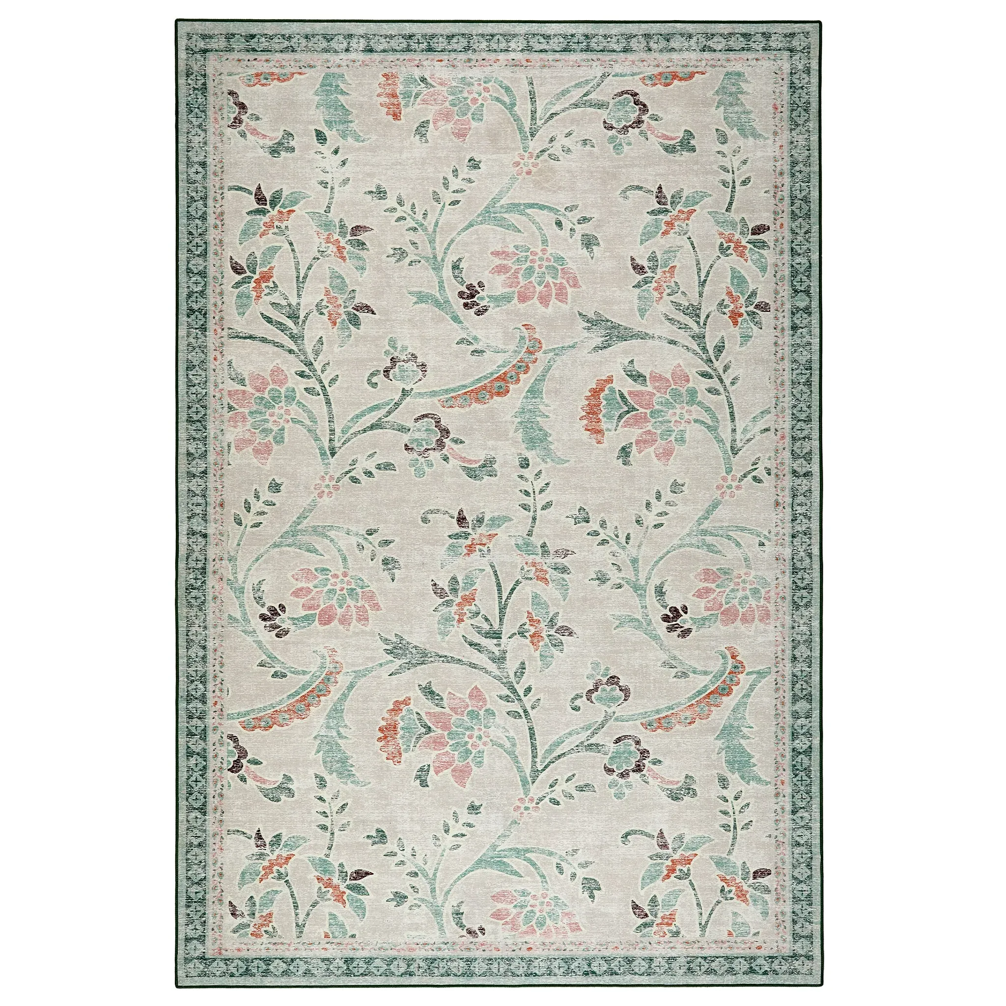 English Floral Eco-Washable Rug - Beige, Recycled Polyester image