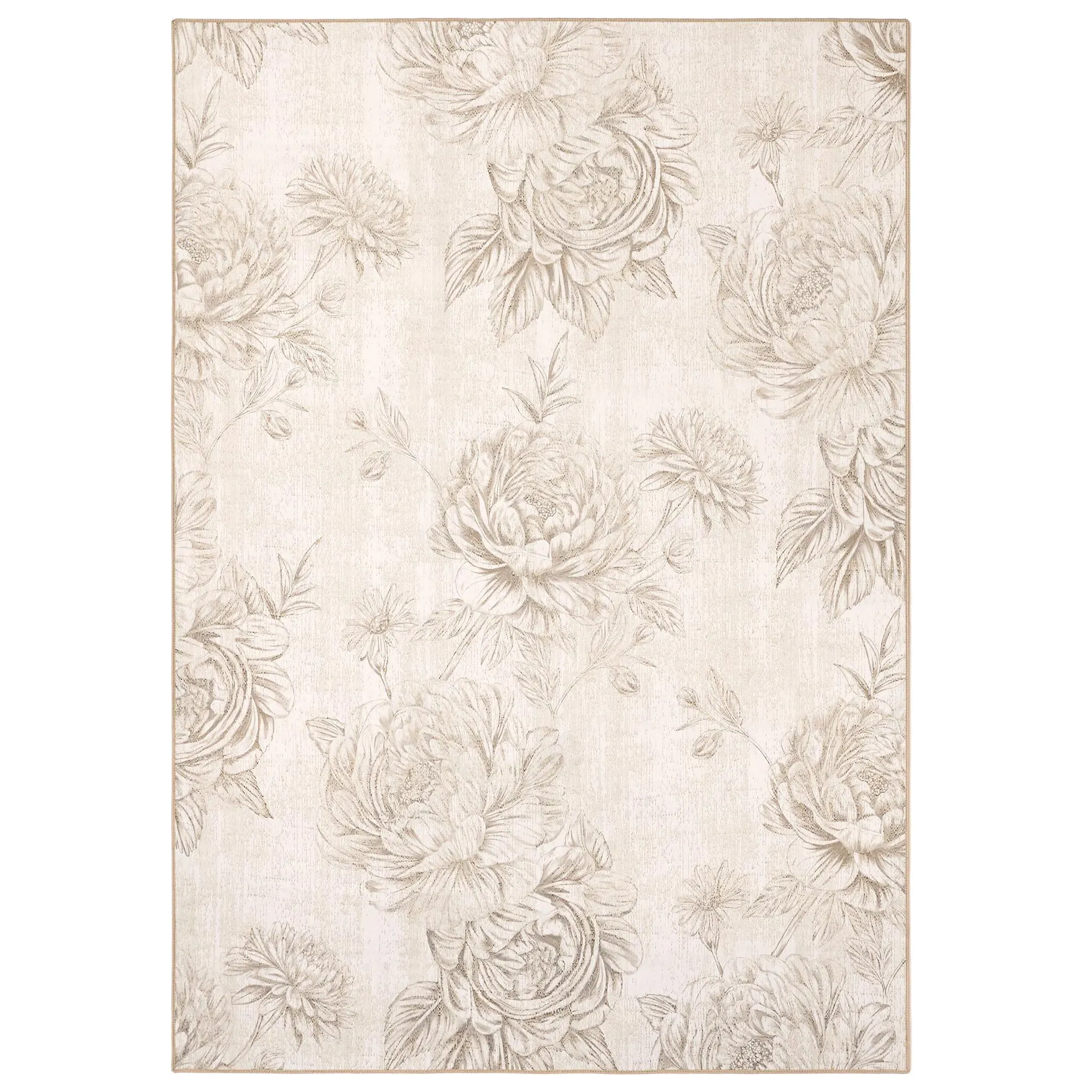 Muted Floral Washable Rug - Beige