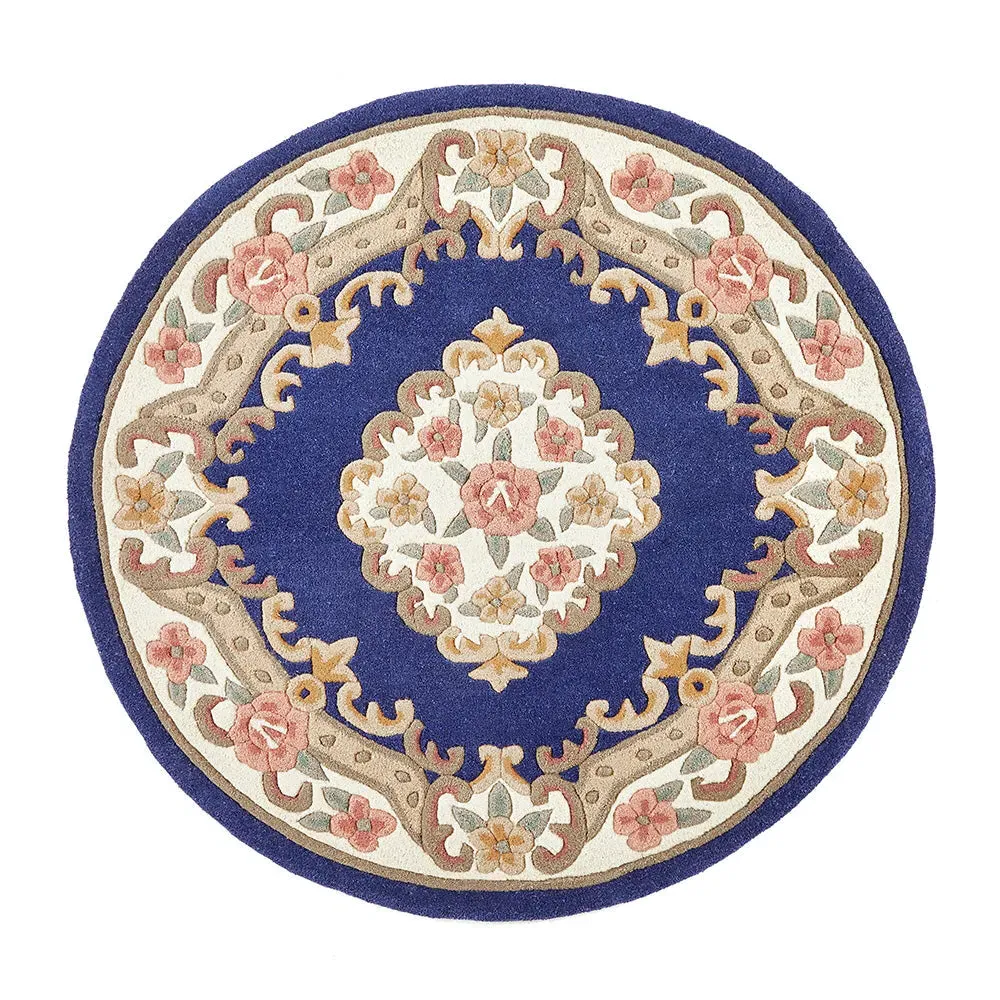 Shensi Aubusson Round Rug - Navy Blue, Wool
