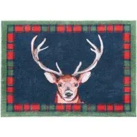 Tartan Stag Washable Doormat - Navy