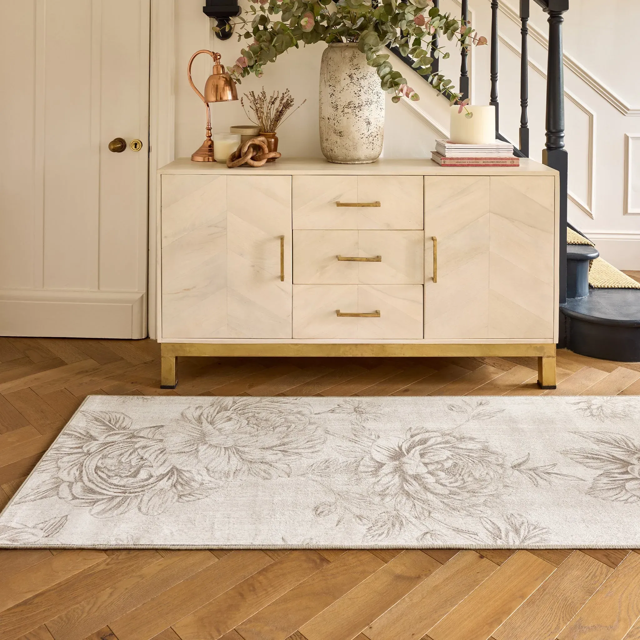 Muted Floral Washable Runner - Beige, Recycled Polyester product