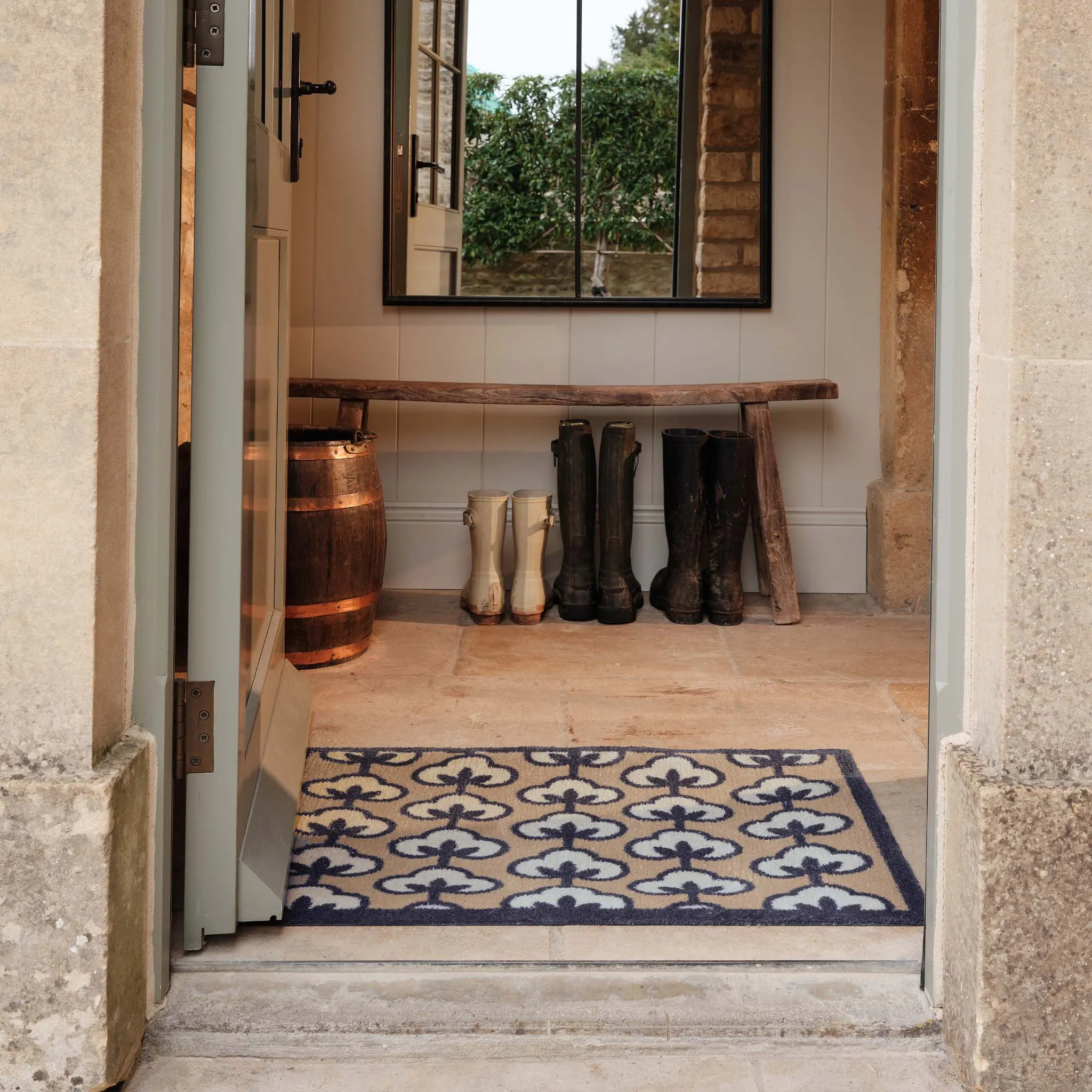 Retro Flower Washable Doormat - Beige, Black product