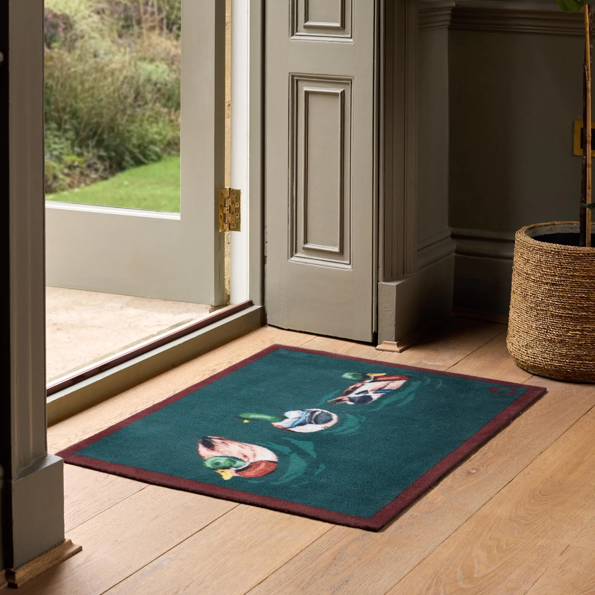 Swimming Ducks Washable Doormat - Teal, Recycled product