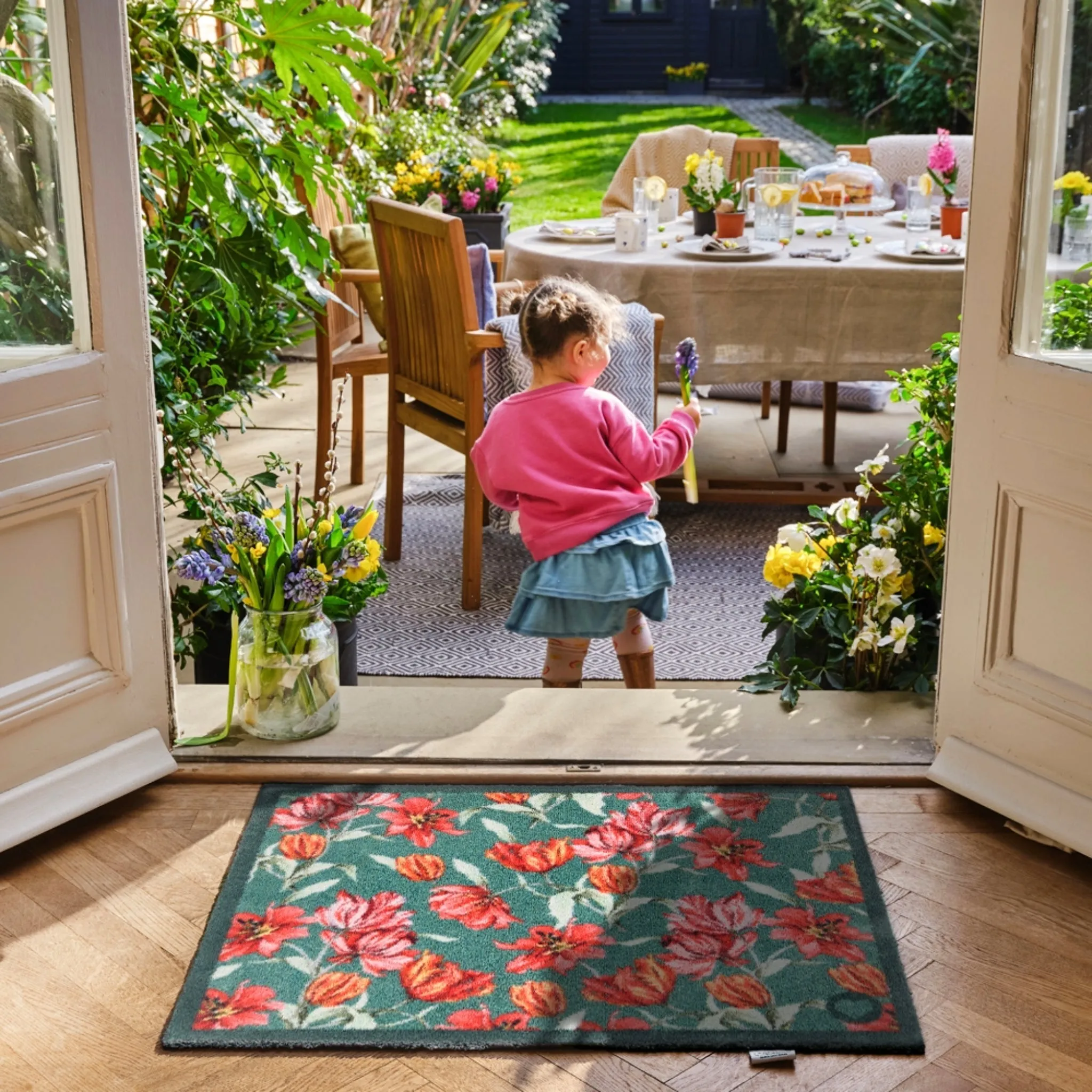 Tumbling Tulips Washable Doormat - Teal product