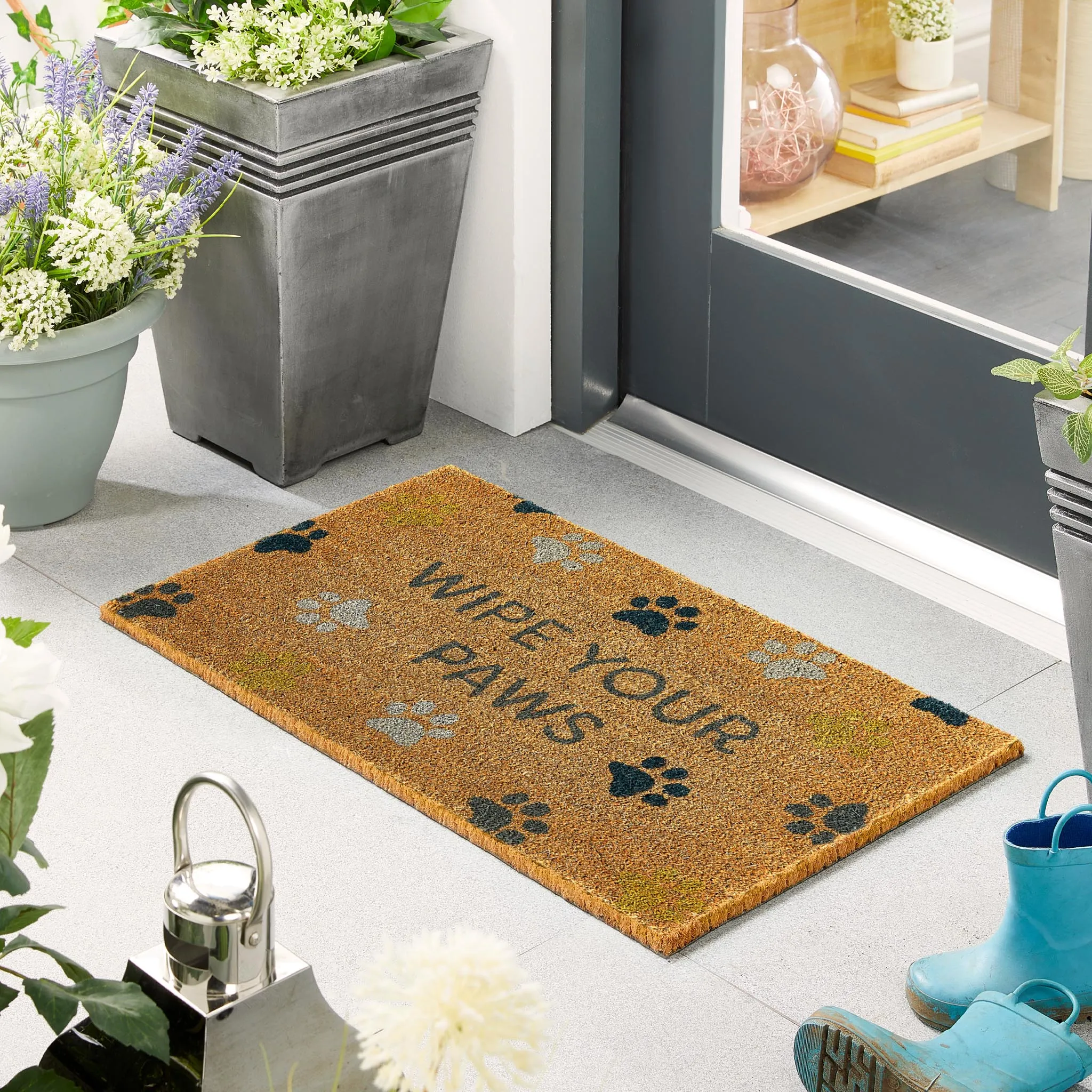Wipe Your Paws Printed Coir Doormat - Black, Blue product