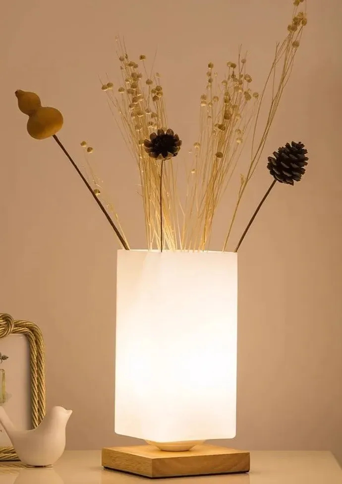 Dimmable Flower Vase Table Lamp - Frosted Glass, Wood product