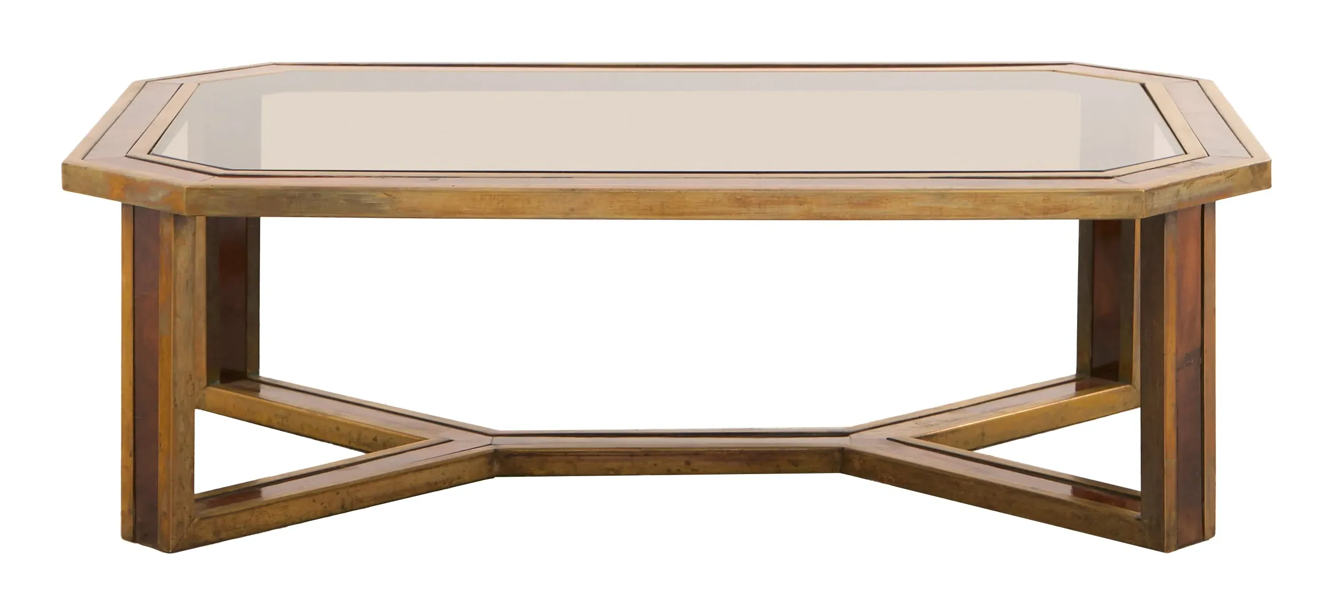 Burl Wood Coffee Table with Glass Top - Brass image