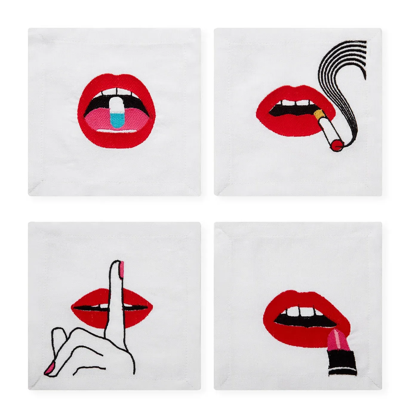 Lips Embroidered Cocktail Napkins - Linen product