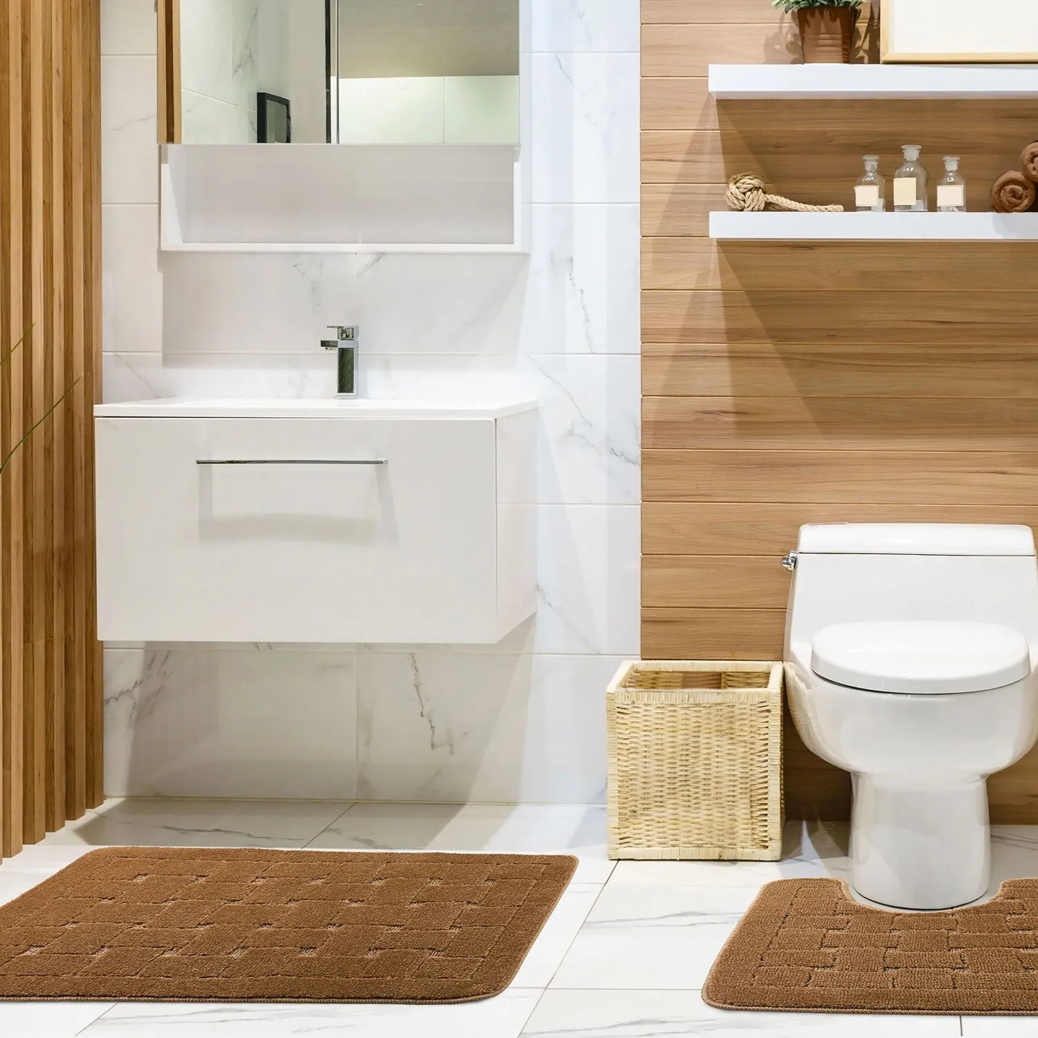 2-Piece Bath Mat Set Crosshatch - Beige, Polycotton image