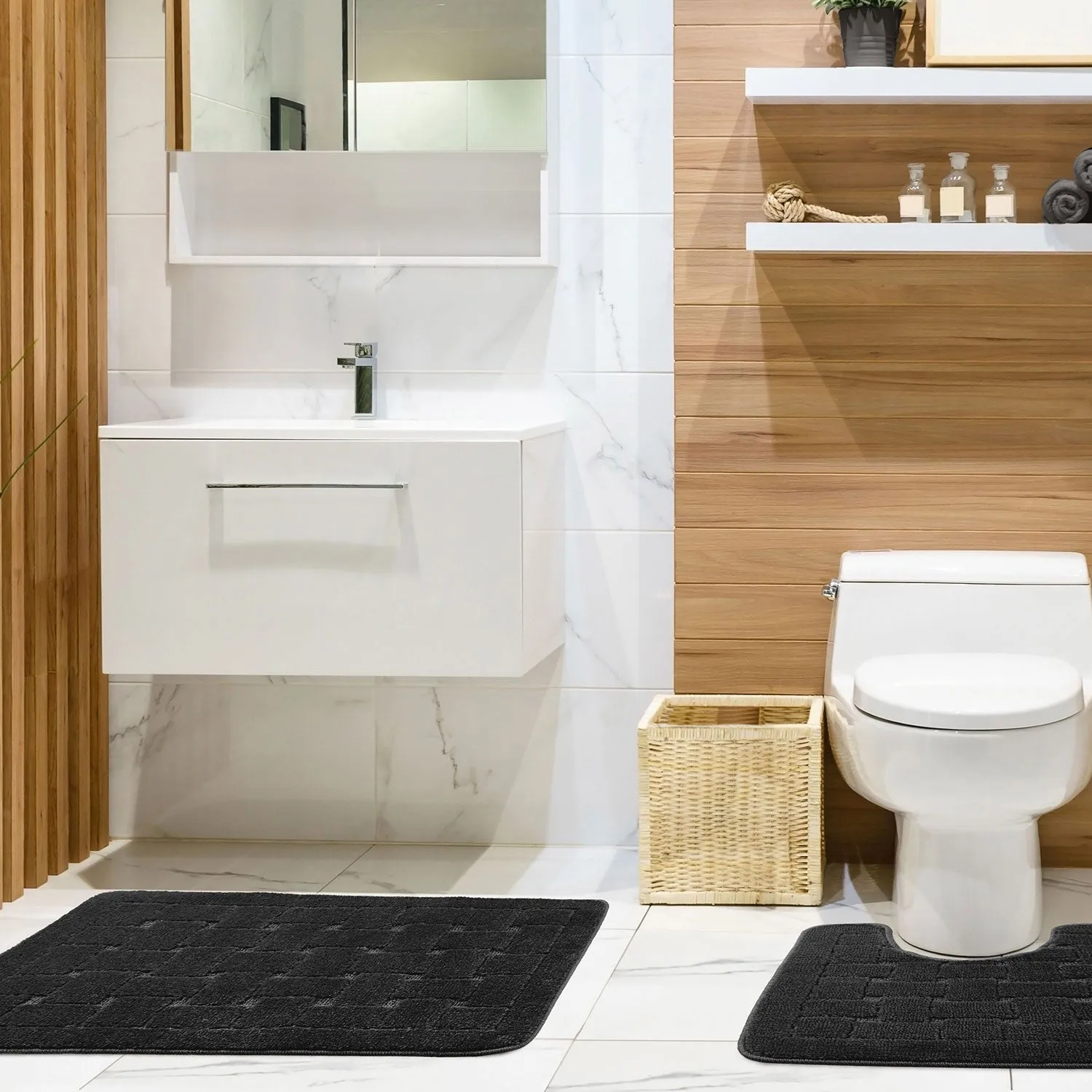 2-Piece Bath Mat Set Crosshatch - Black, Polycotton