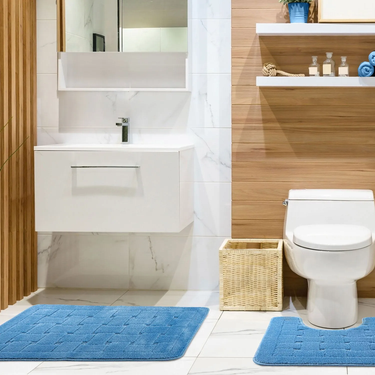 2-Piece Bath Mat Set Crosshatch - Blue, Polycotton