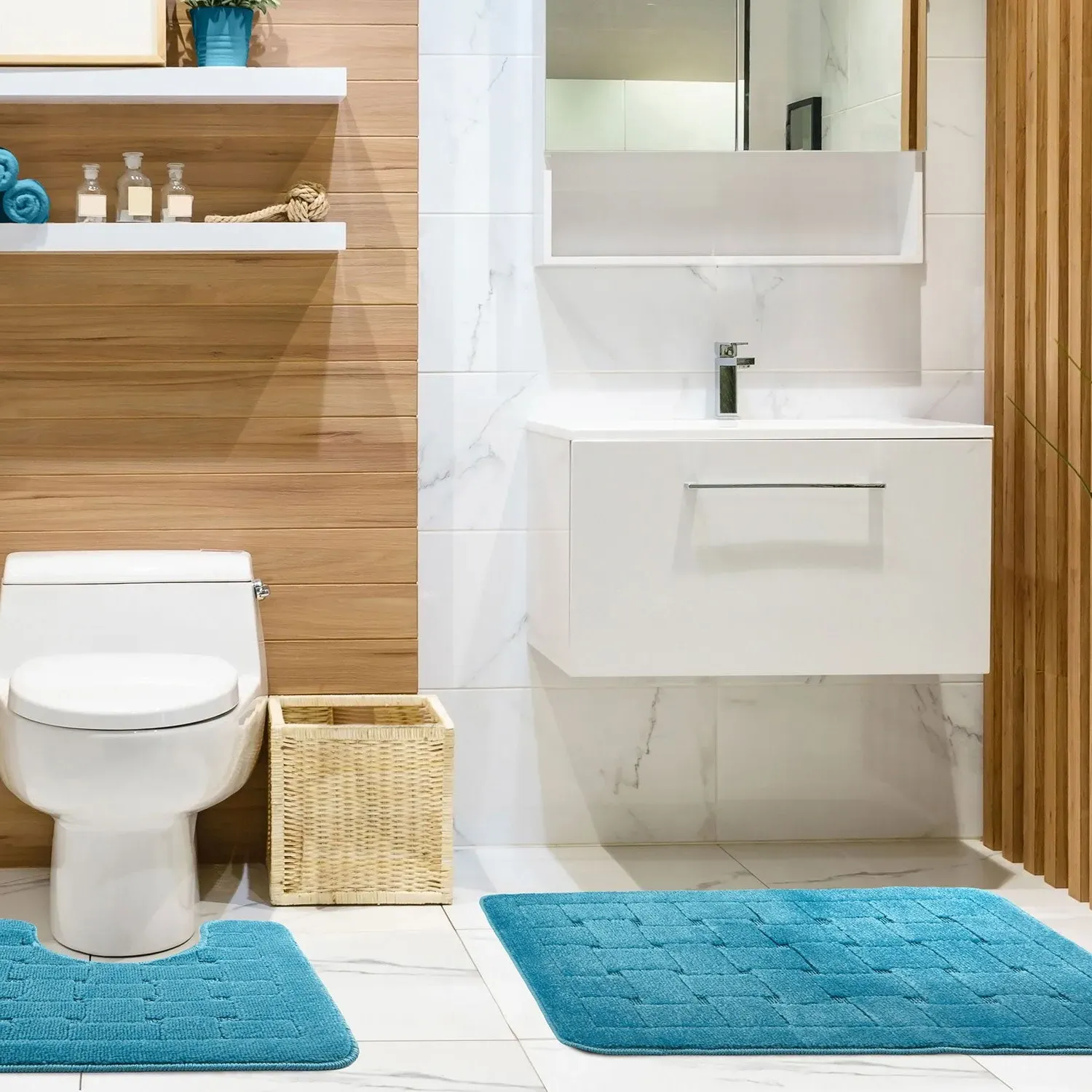 2-Piece Bath Mat Set Crosshatch - Blue, Polycotton