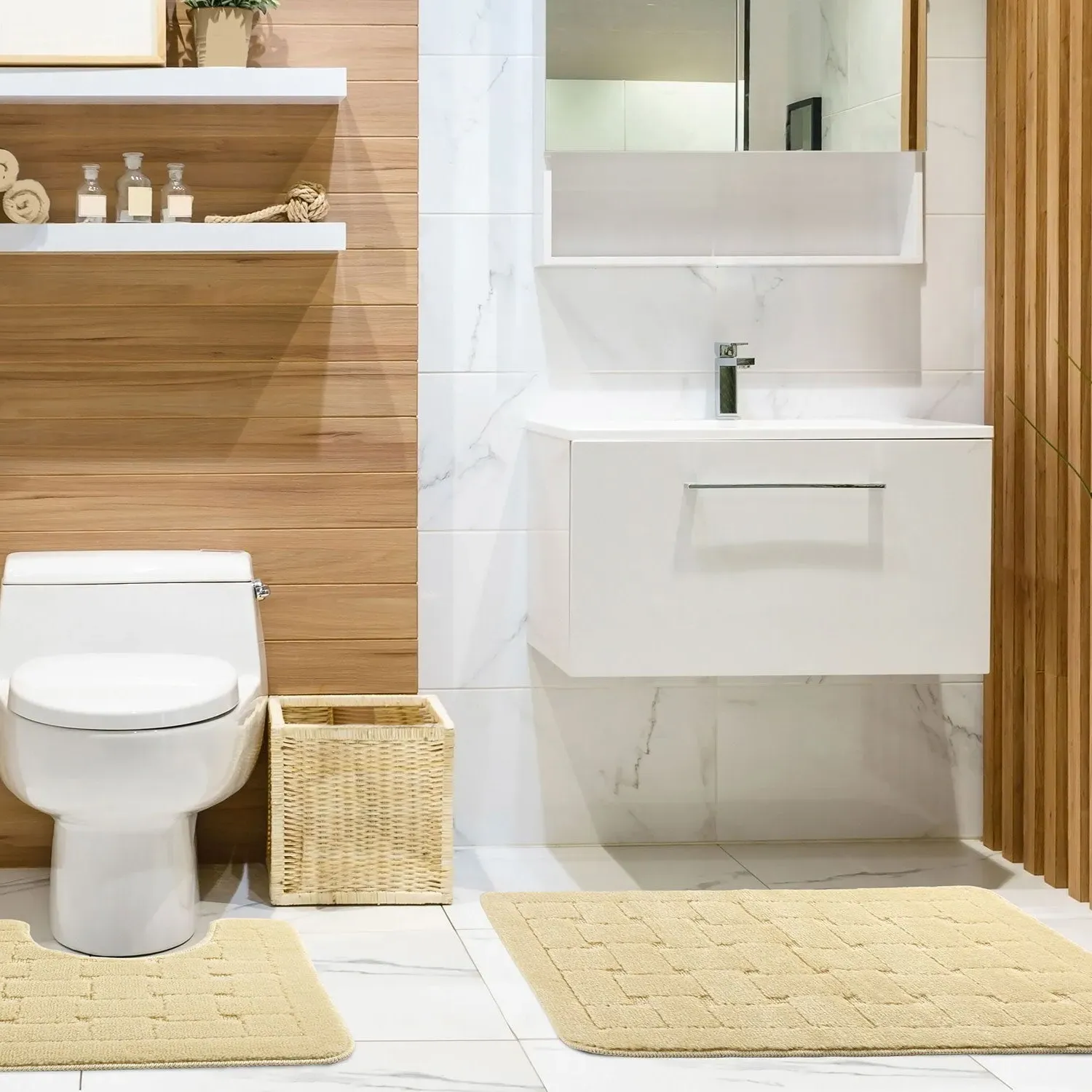 2-Piece Bath Mat Set Crosshatch - Cream, Polycotton