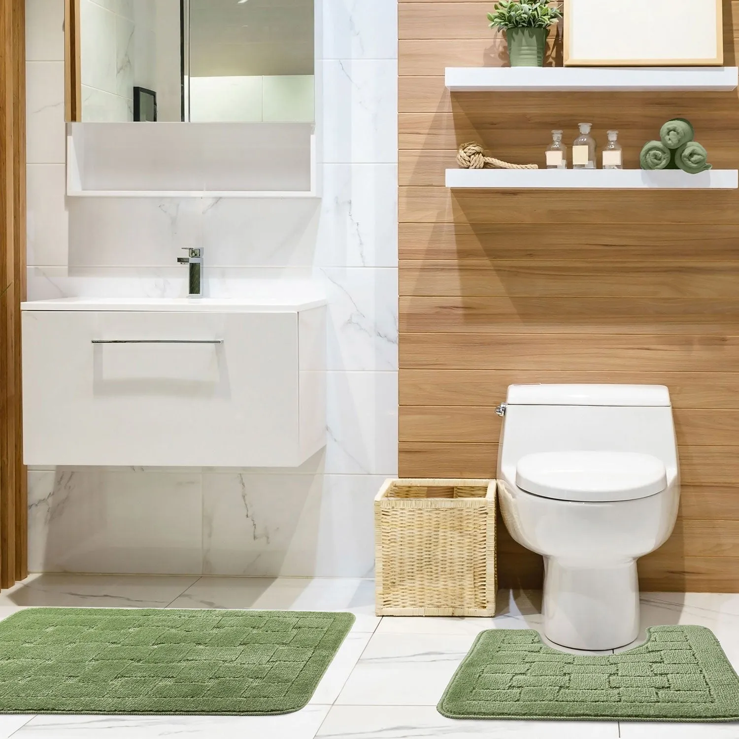 2-Piece Bath Mat Set Crosshatch - Green, Polycotton