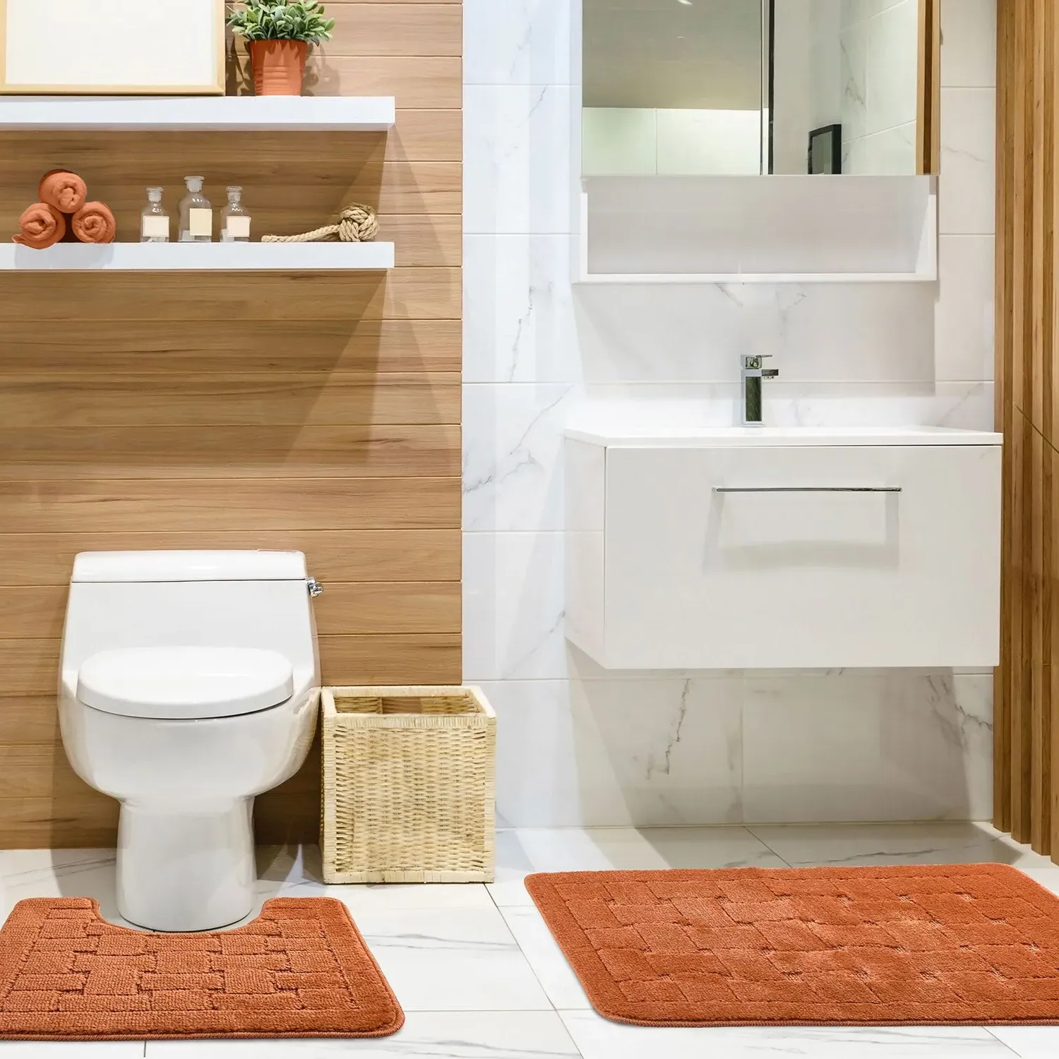 2-Piece Bath Mat Set Crosshatch - Orange, Polycotton