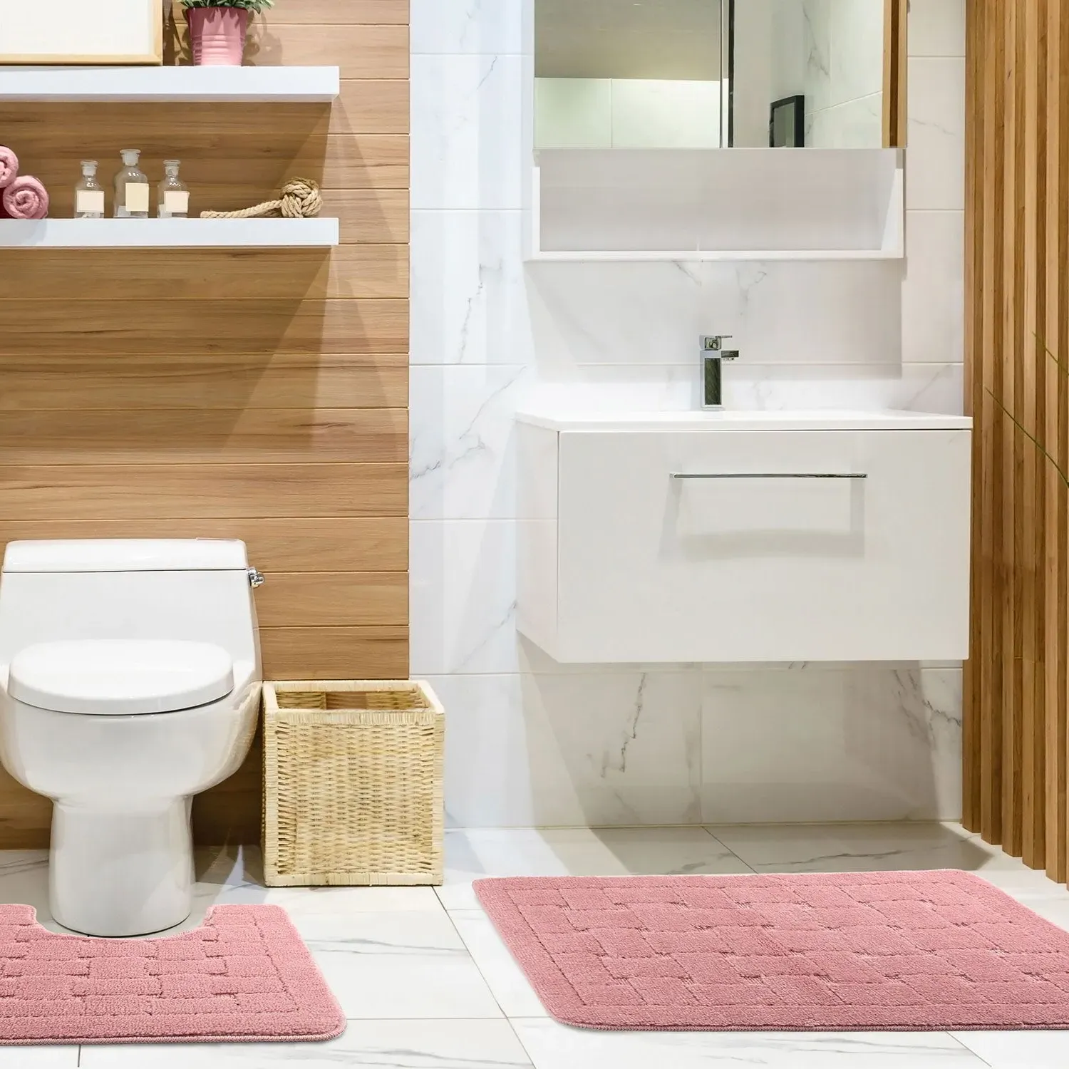 2-Piece Bath Mat Set Crosshatch - Pink, Polycotton