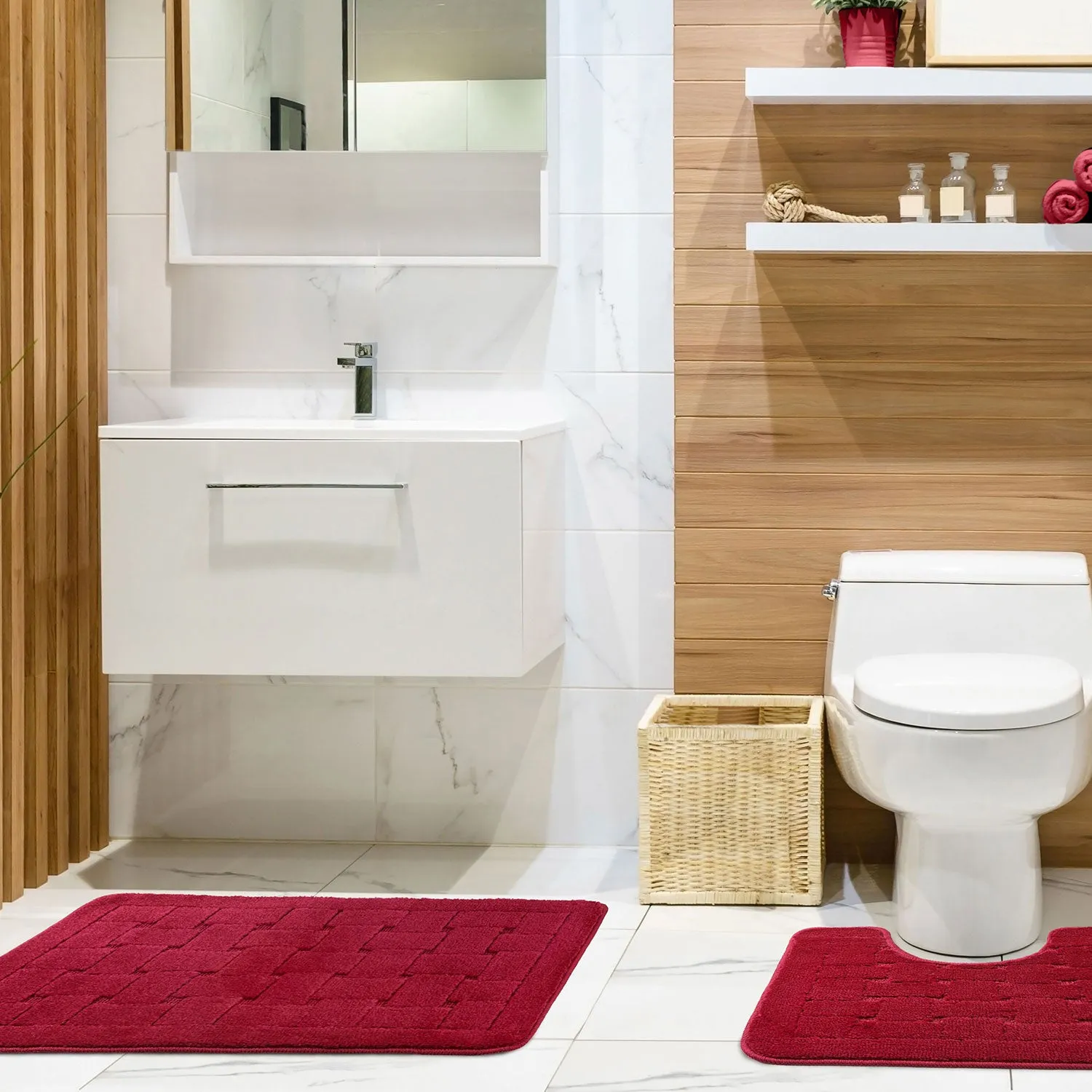 2-Piece Bath Mat Set Crosshatch - Red, Polycotton