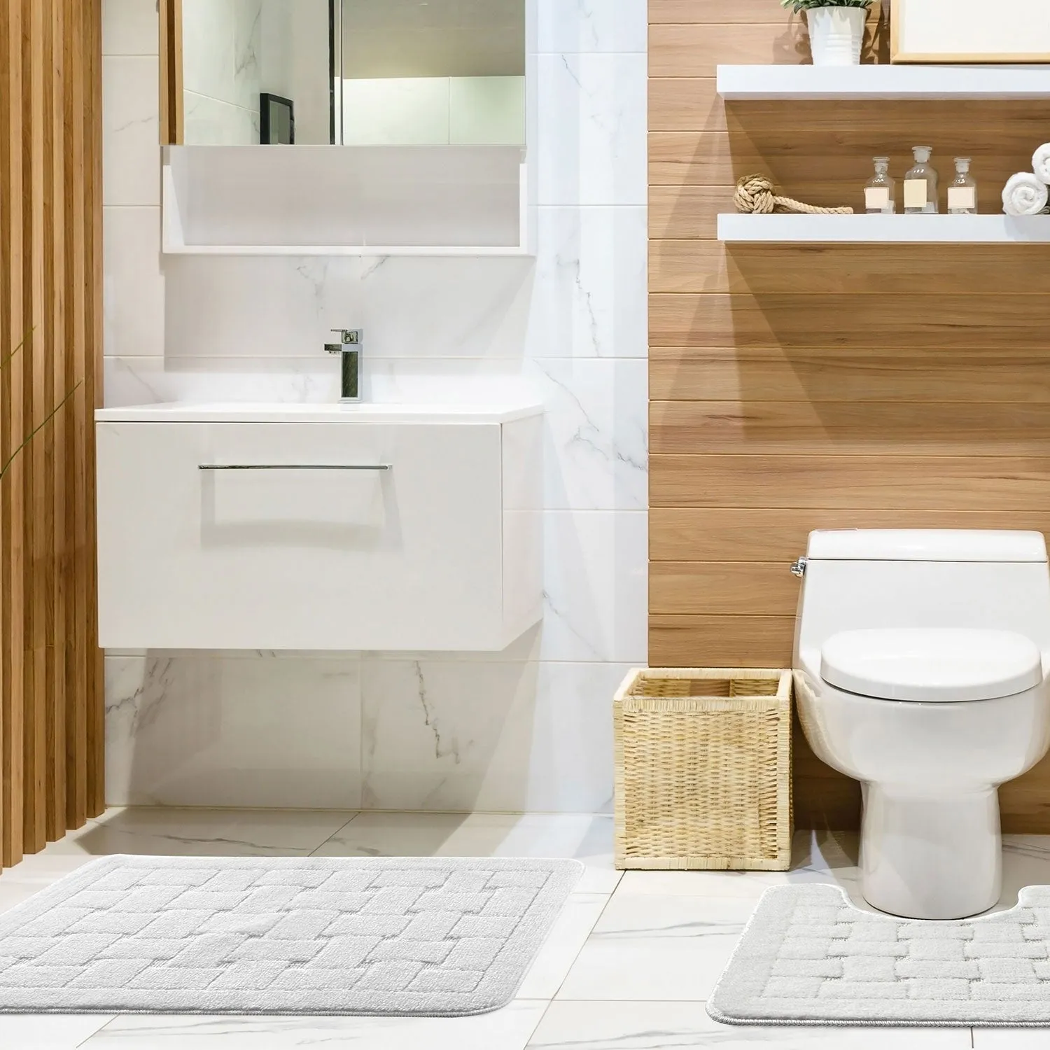 2-Piece Bath Mat Set Crosshatch - White, Polycotton