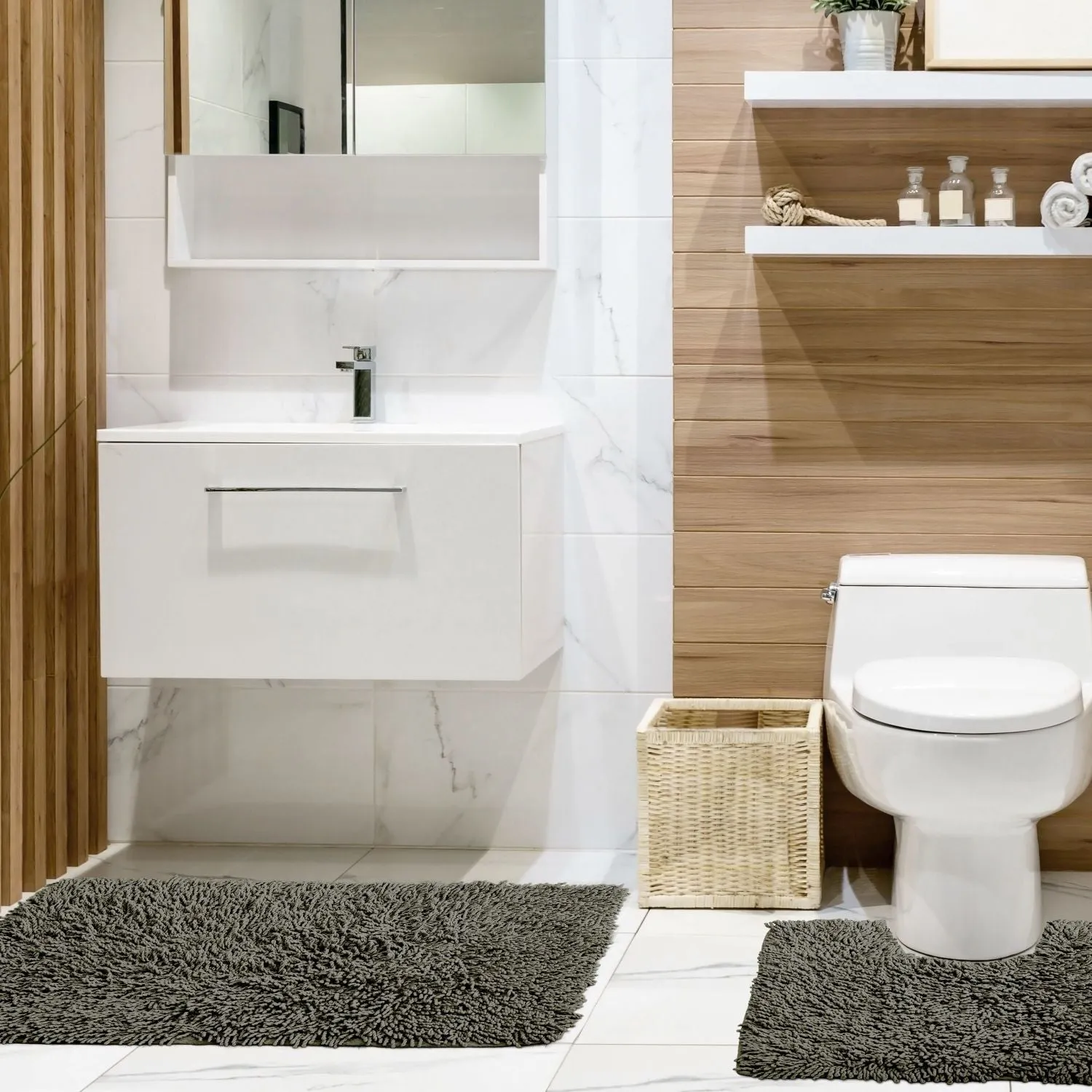 2-Piece Bath Mat Set Non-Slip - Grey, Cotton