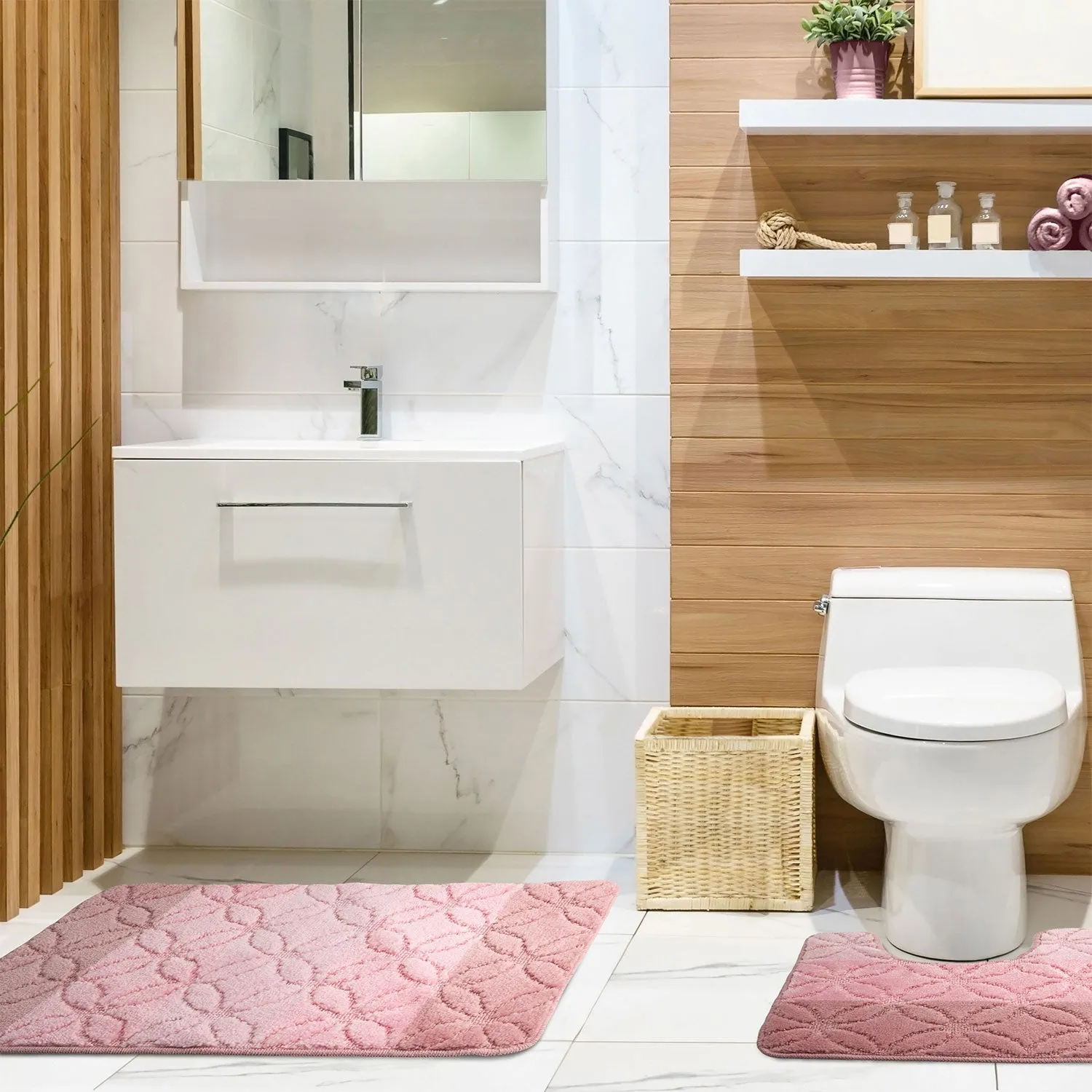 2-Piece Bath Mat Set Non-Slip - Pink Stripe image
