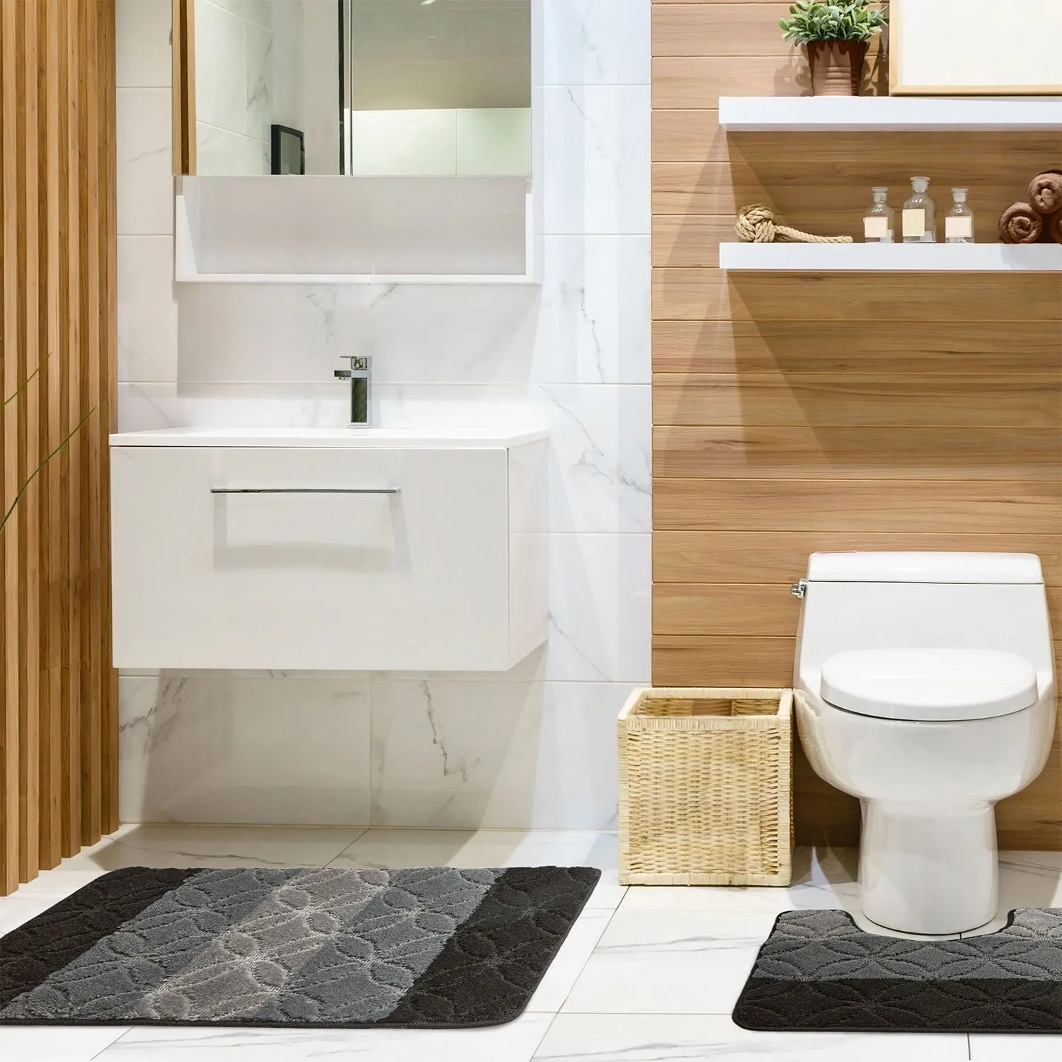 2-Piece Bath Mat Set with Non-Slip - Black