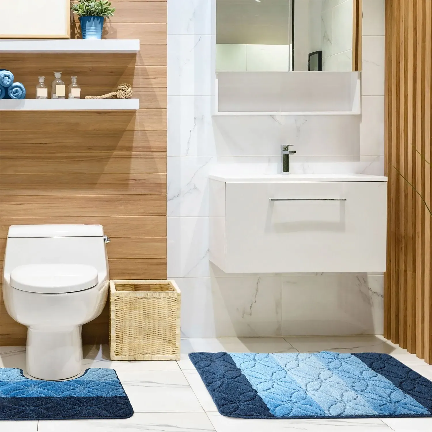 2-Piece Bath Mat Set with Non-Slip - Blue