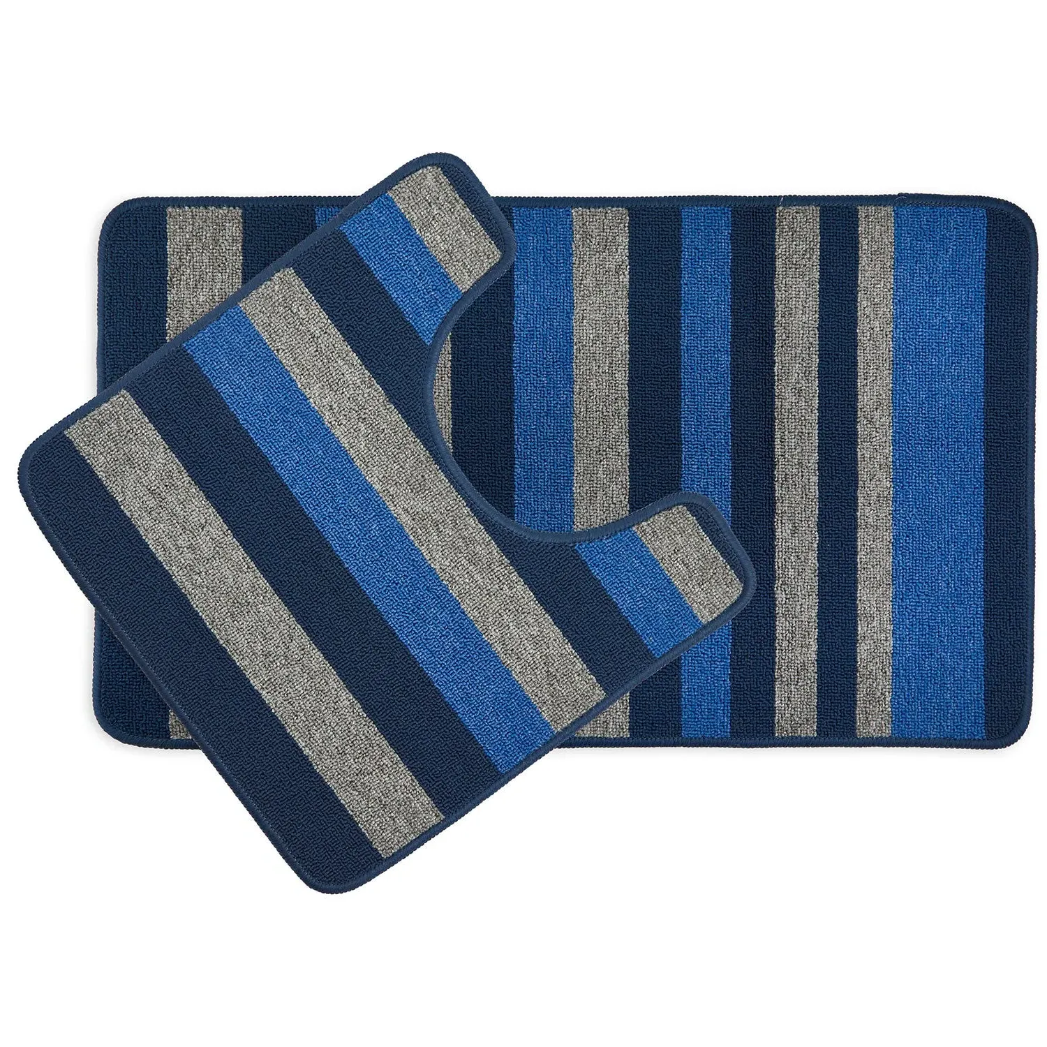 2-Piece Bath Mat Set with Stripes - Blue, Jersey