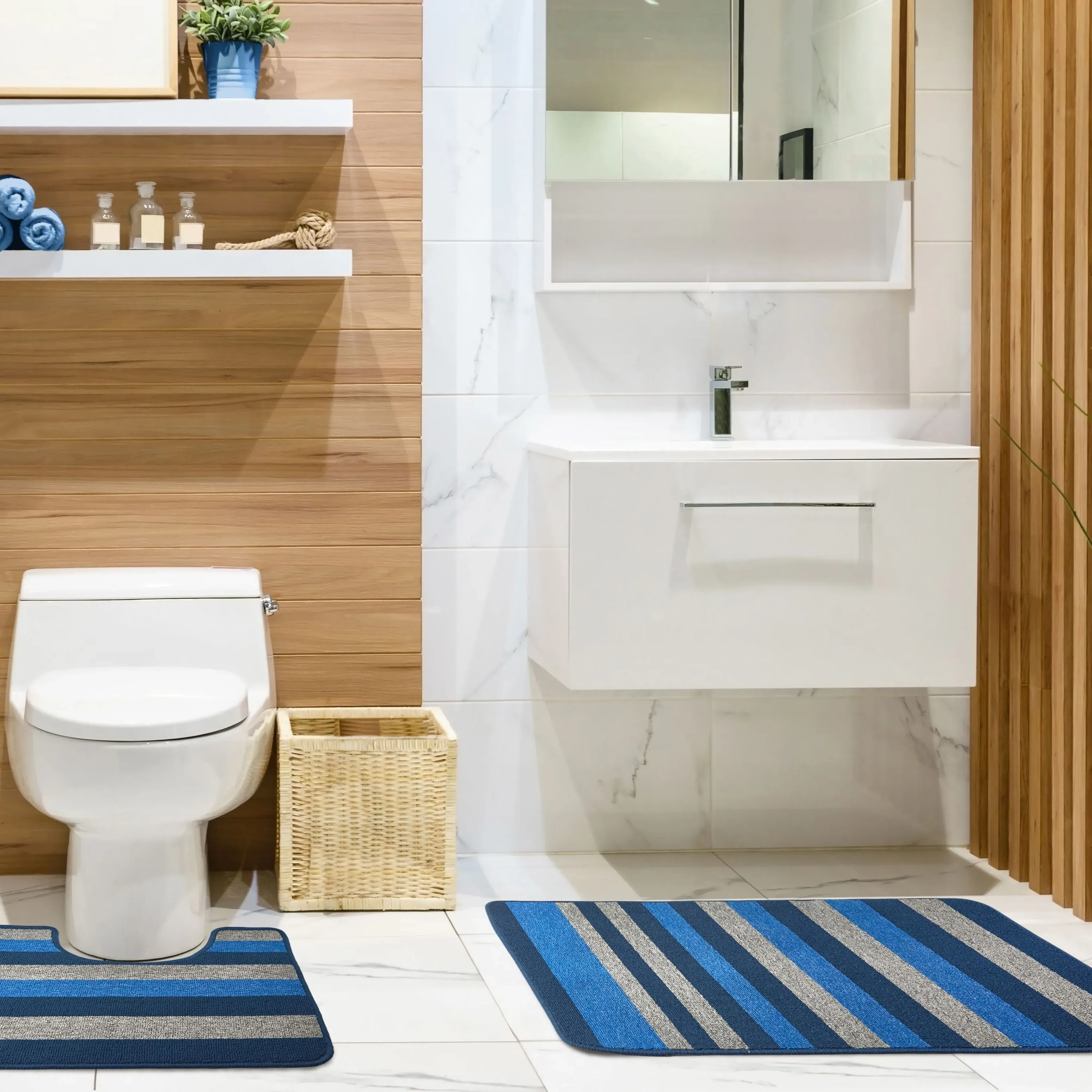 2-Piece Bath Mat Set with Stripes - Blue, Jersey image