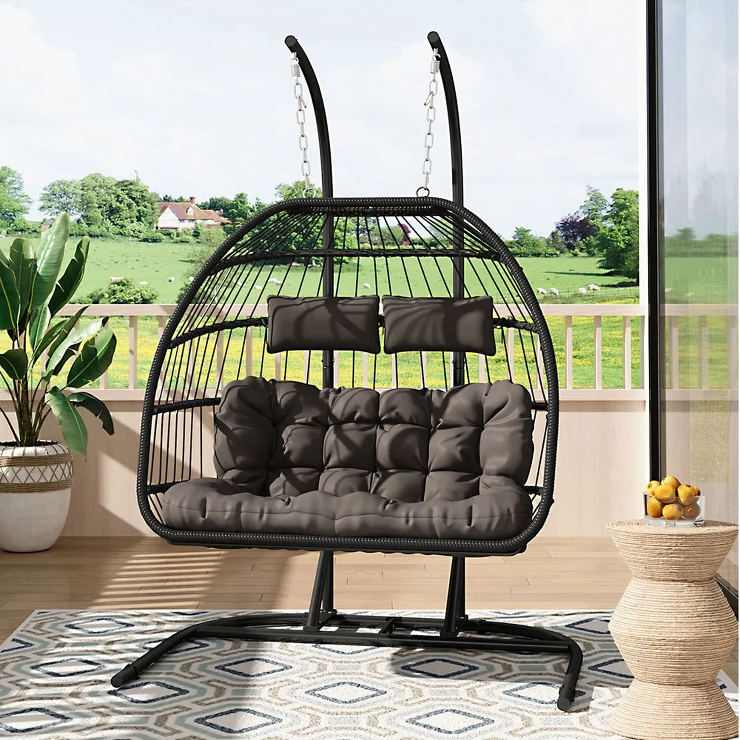 2-Seater Hanging Egg Chair - Black, Wicker by Julian Charles