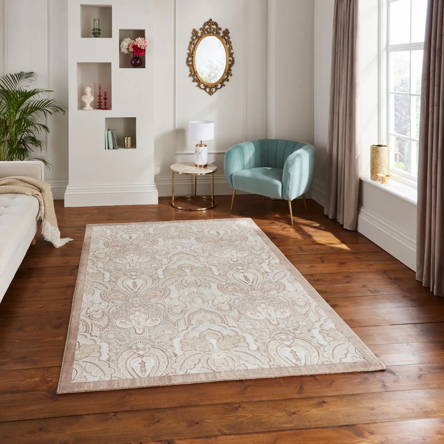 200x290cm Damask Rug - Cream, Polyester