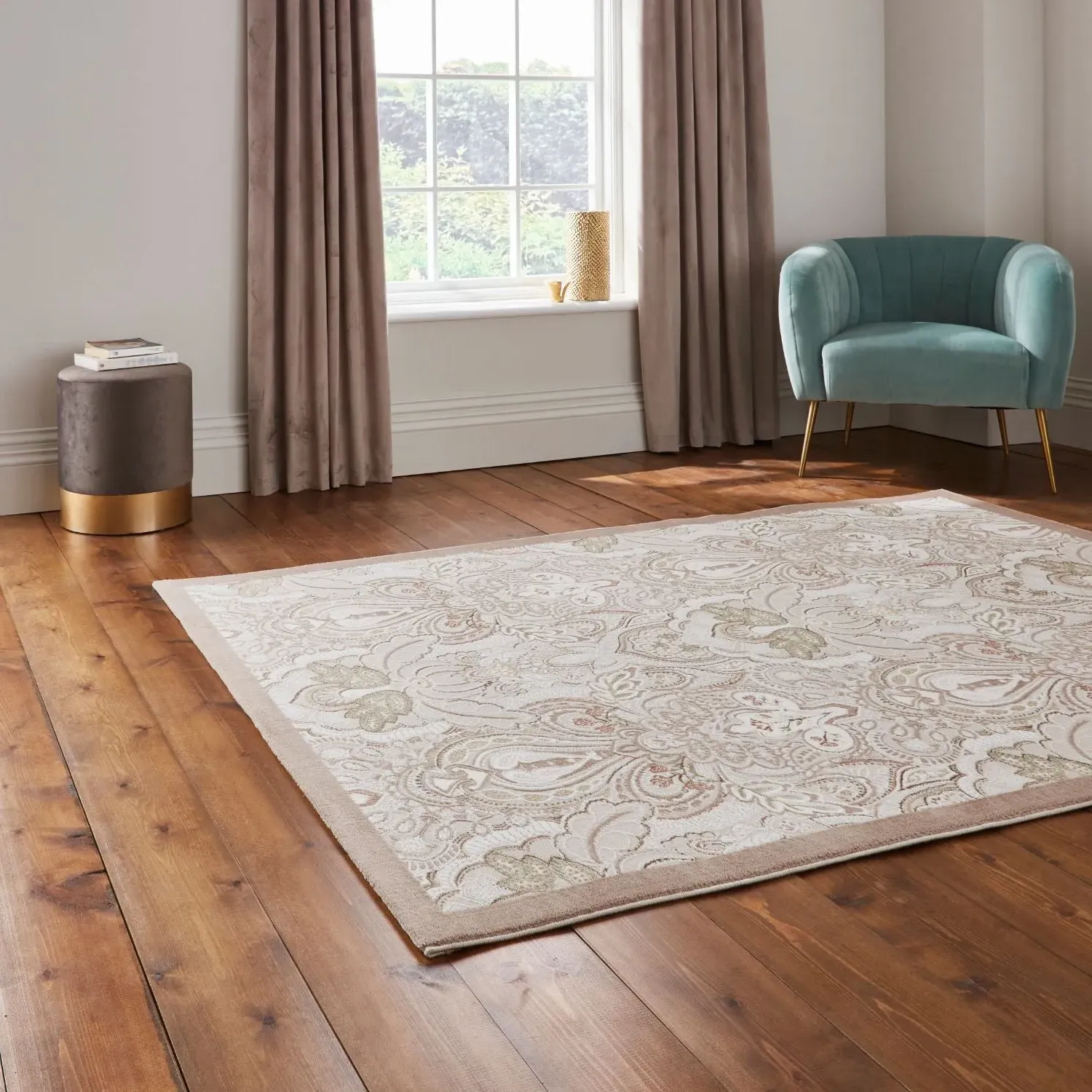 200x290cm Damask Rug - Cream, Polyester