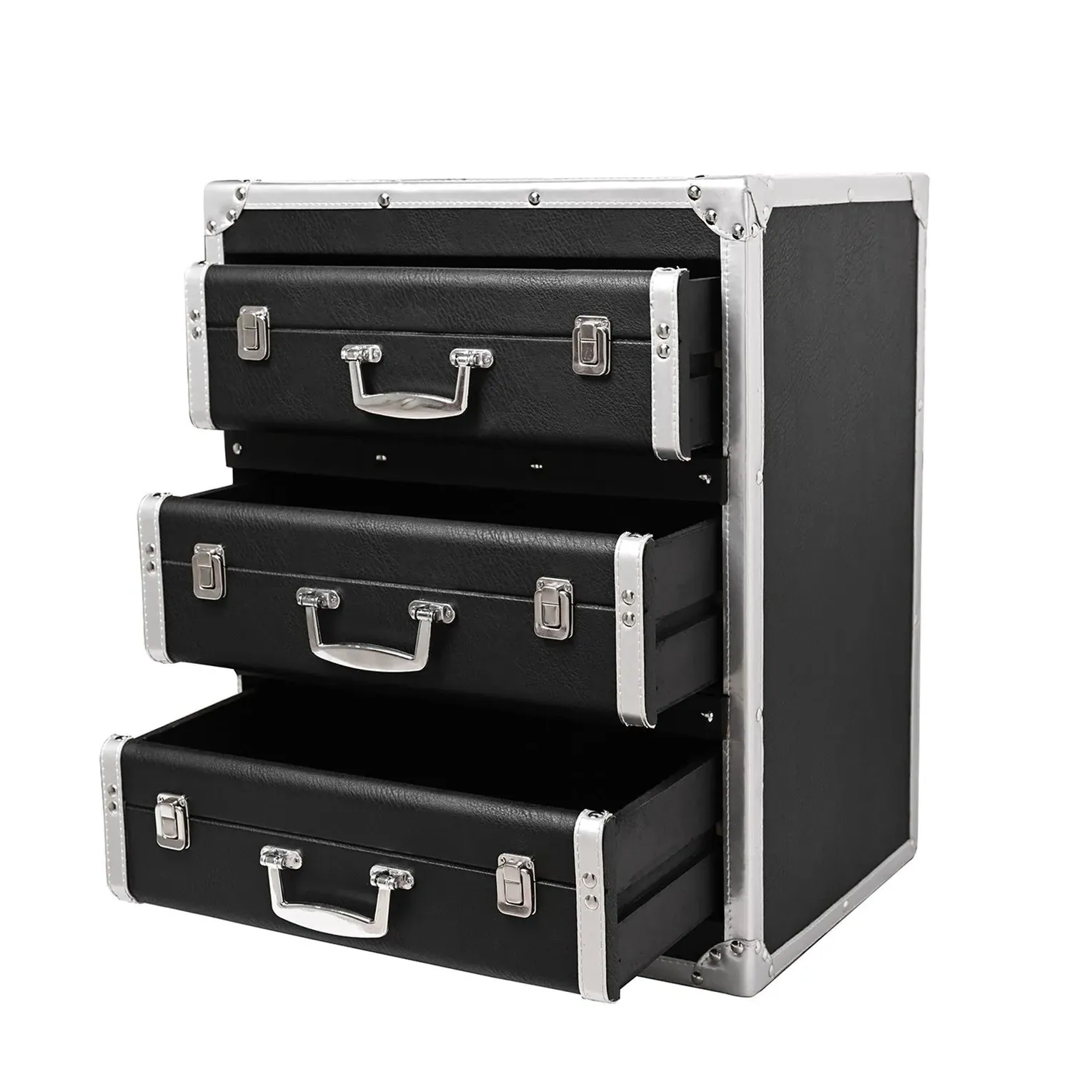 3-Drawer Storage Box with Handles - Black, PU Leather